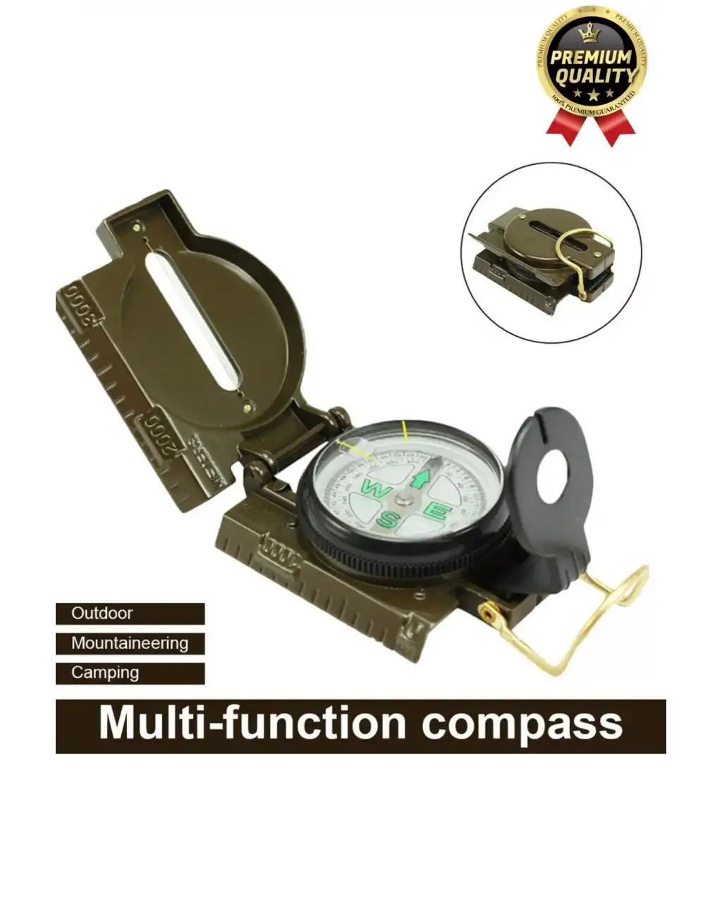 Premium Metal Taşınabilir Katlanır Tel Kılavuzlu Büyüteçli Göstergeli Ordu Yeşili Kamp Askeri Pusula