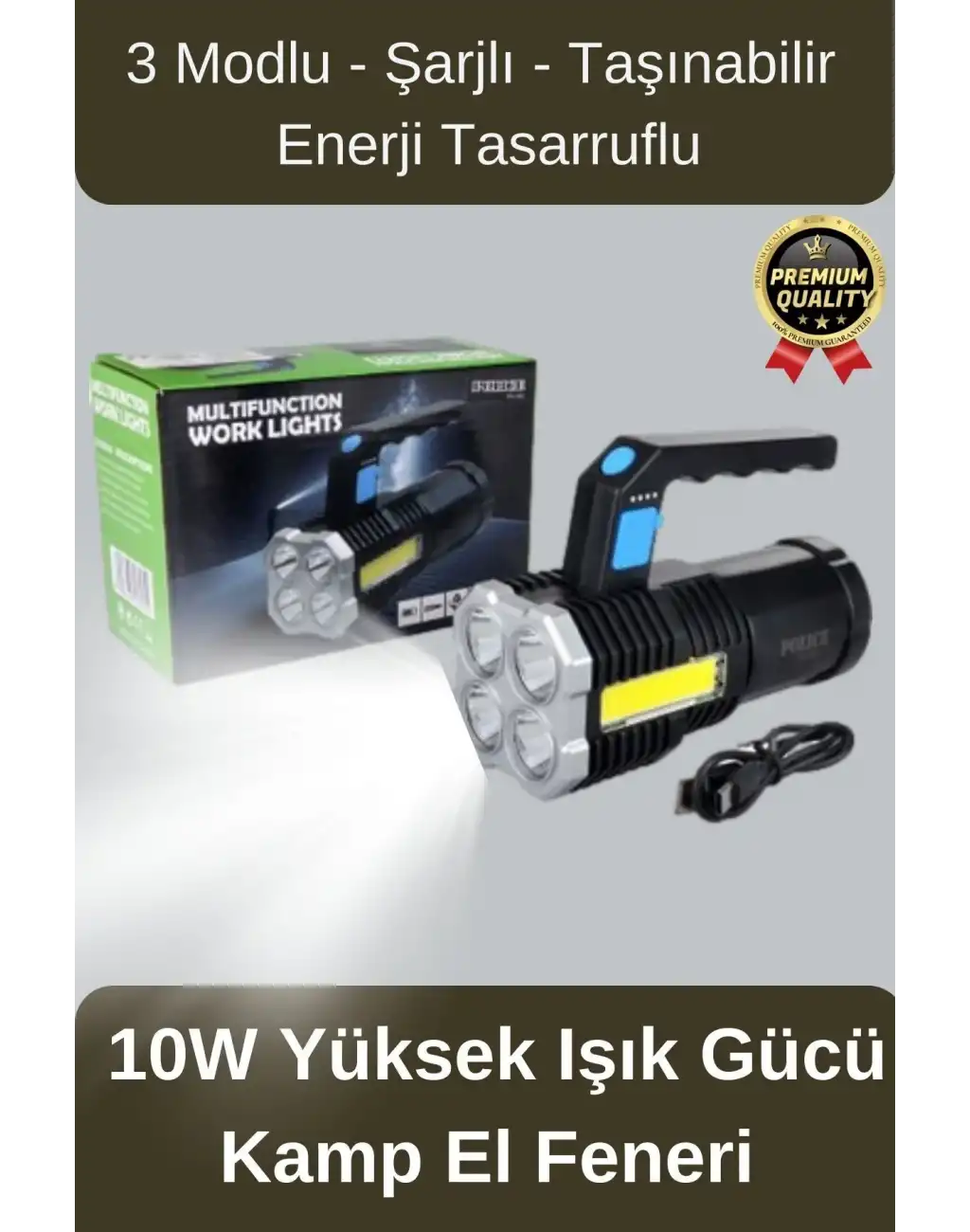 Çok Amaçlı Taşınabilir Enerji Tasarruflu 10w Yüksek Işık Gücünde 3 Modlu Ledli Şarjlı El Kamp Feneri