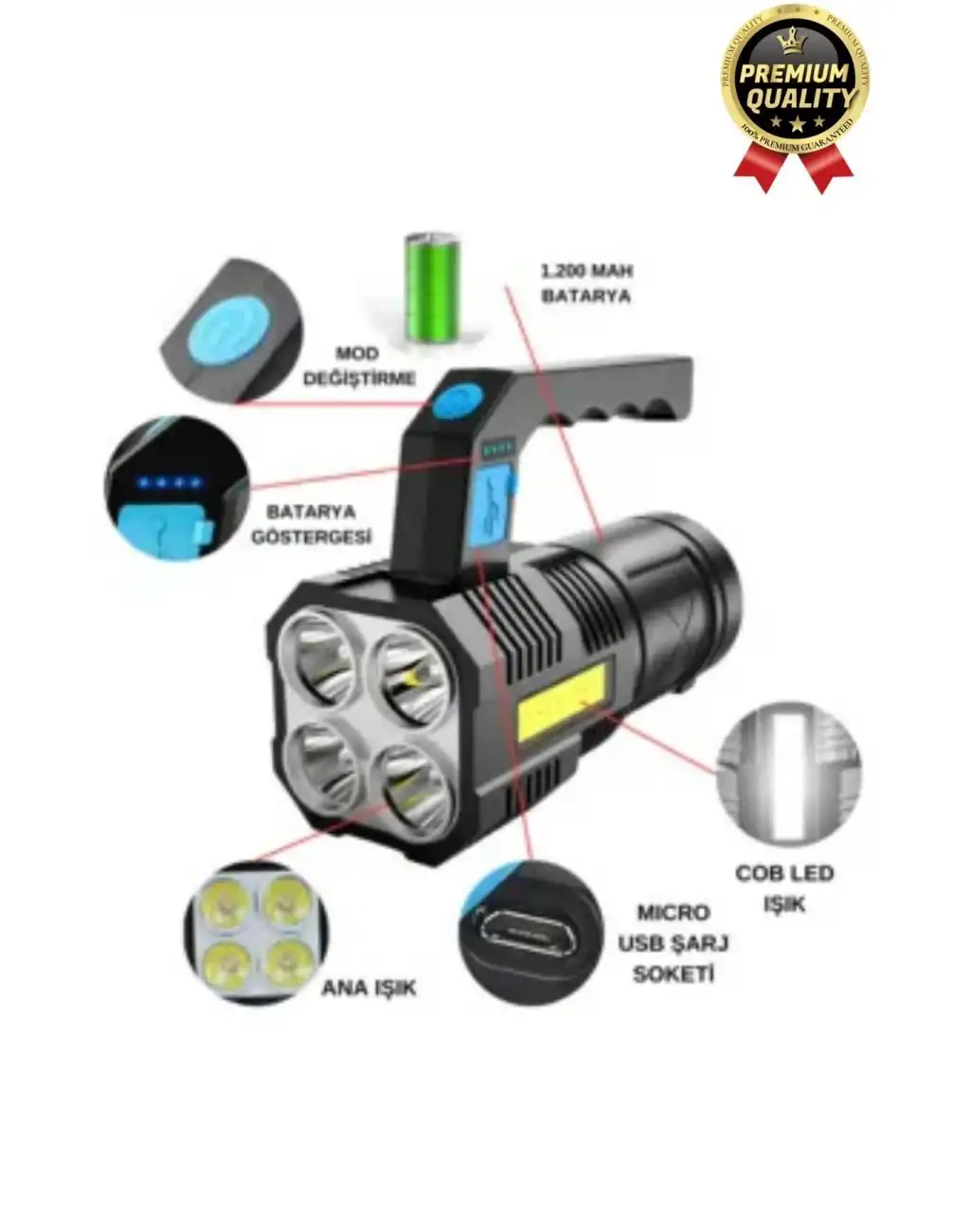 Çok Amaçlı Taşınabilir Enerji Tasarruflu 10w Yüksek Işık Gücünde 3 Modlu Ledli Şarjlı El Kamp Feneri