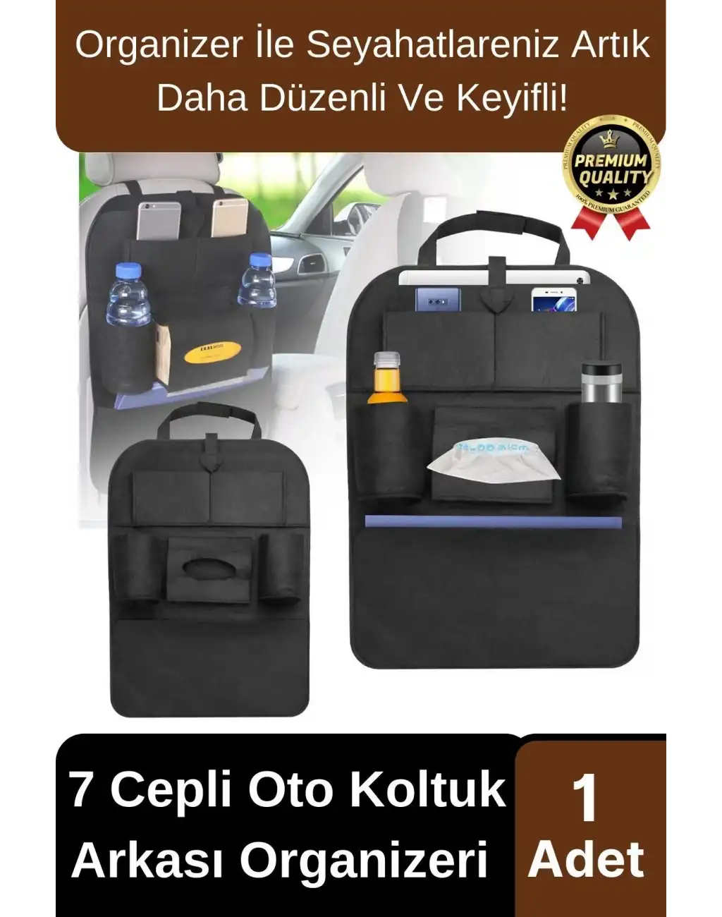 Özel Üretim Oto Aksesuarı 7 Cepli Keçe Koltuk Arkası Organizeri Araç İçi Eşya Çanta Düzenleyici