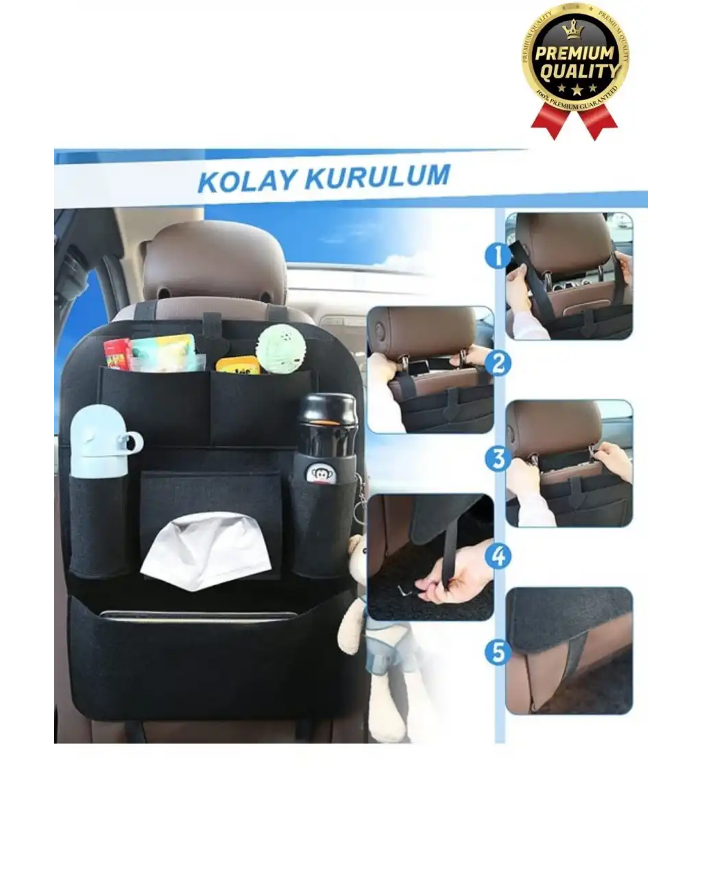 Özel Üretim Oto Aksesuarı 7 Cepli Keçe Koltuk Arkası Organizeri Araç İçi Eşya Çanta Düzenleyici