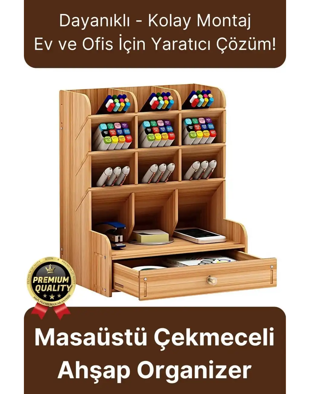 Premium Demonte Ev Ofis Masaüstü Çapraz 9 Bölmeli Kalemlik Çekmeceli Ahşap Organizer Düzenleyici