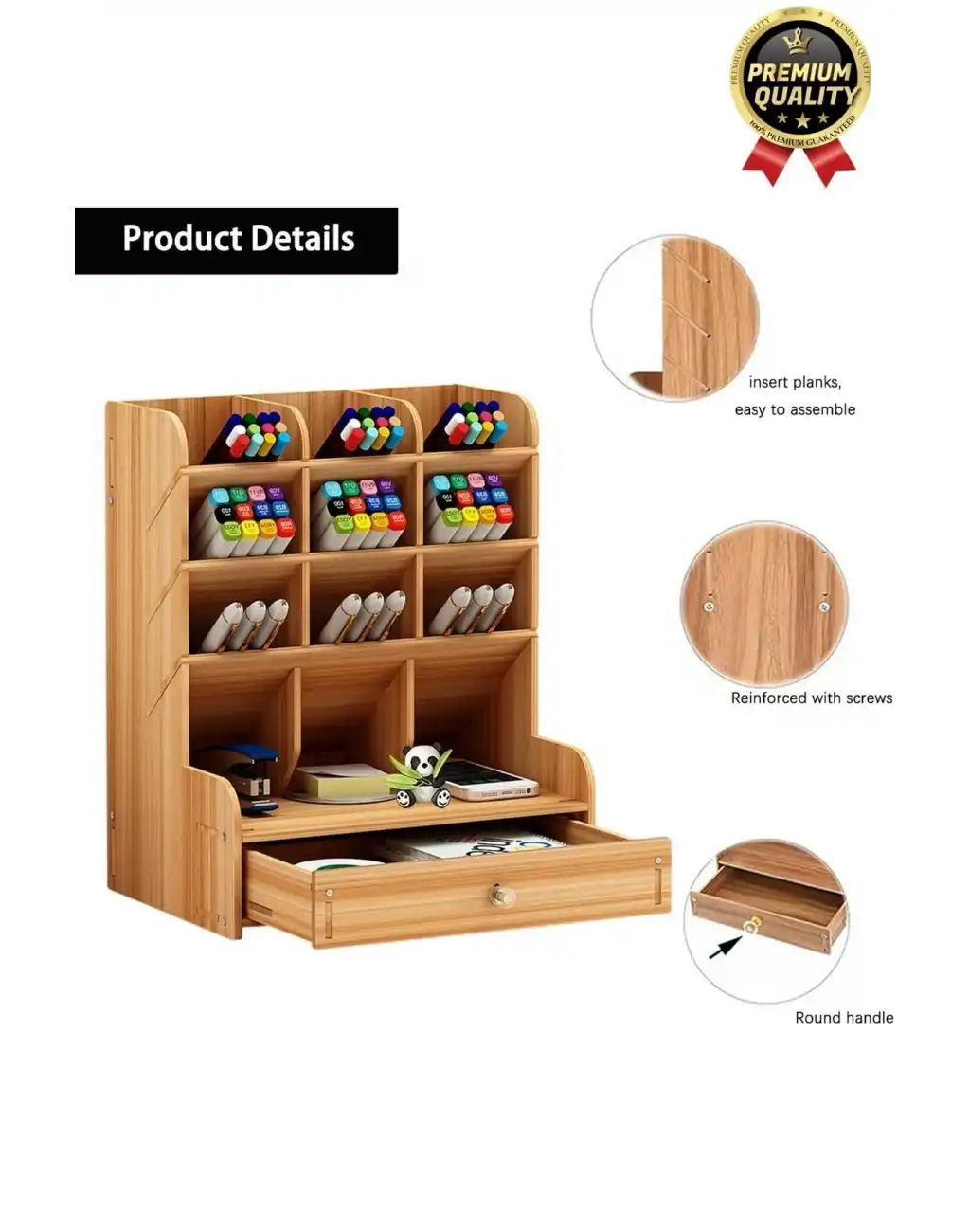 Premium Demonte Ev Ofis Masaüstü Çapraz 9 Bölmeli Kalemlik Çekmeceli Ahşap Organizer Düzenleyici