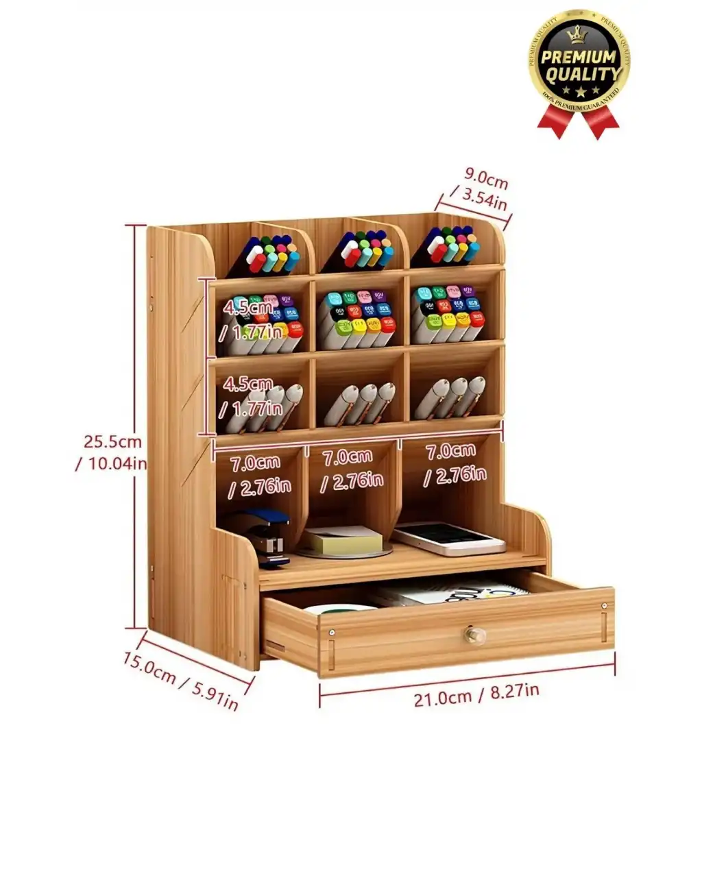 Premium Demonte Ev Ofis Masaüstü Çapraz 9 Bölmeli Kalemlik Çekmeceli Ahşap Organizer Düzenleyici