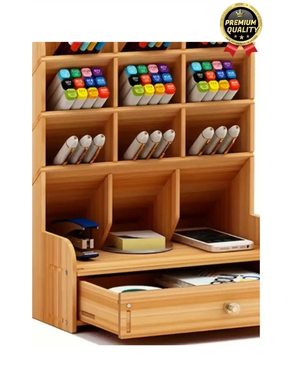 Premium Demonte Ev Ofis Masaüstü Çapraz 9 Bölmeli Kalemlik Çekmeceli Ahşap Organizer Düzenleyici