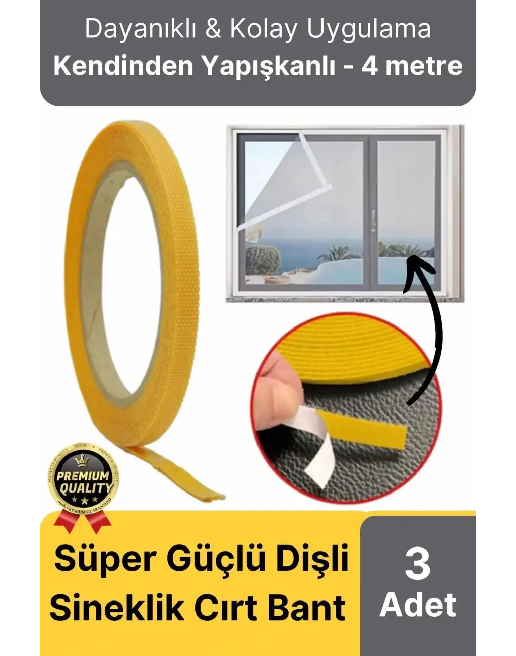 Premium Seri Güçlü Kendinden Yapışkanlı Ahşap Pencere Kapı Sineklik Tülü Yedek 4mt Cırt Bant-3 Adet