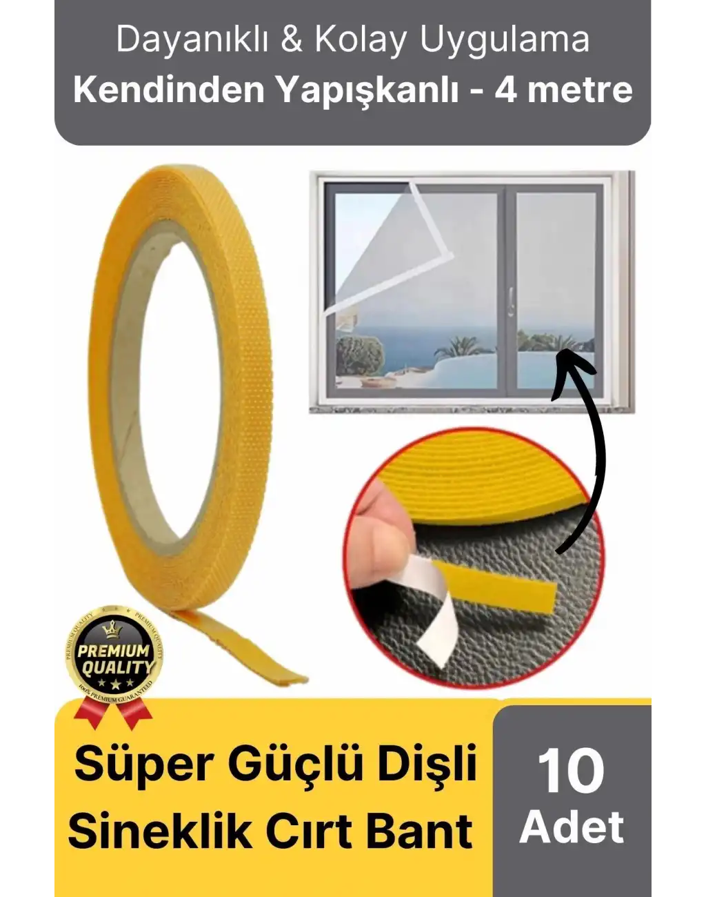 Premium Seri Güçlü Kendinden Yapışkanlı Ahşap Pencere Kapı Sineklik Tülü Yedek 4mt Cırt Bant-10 Adet