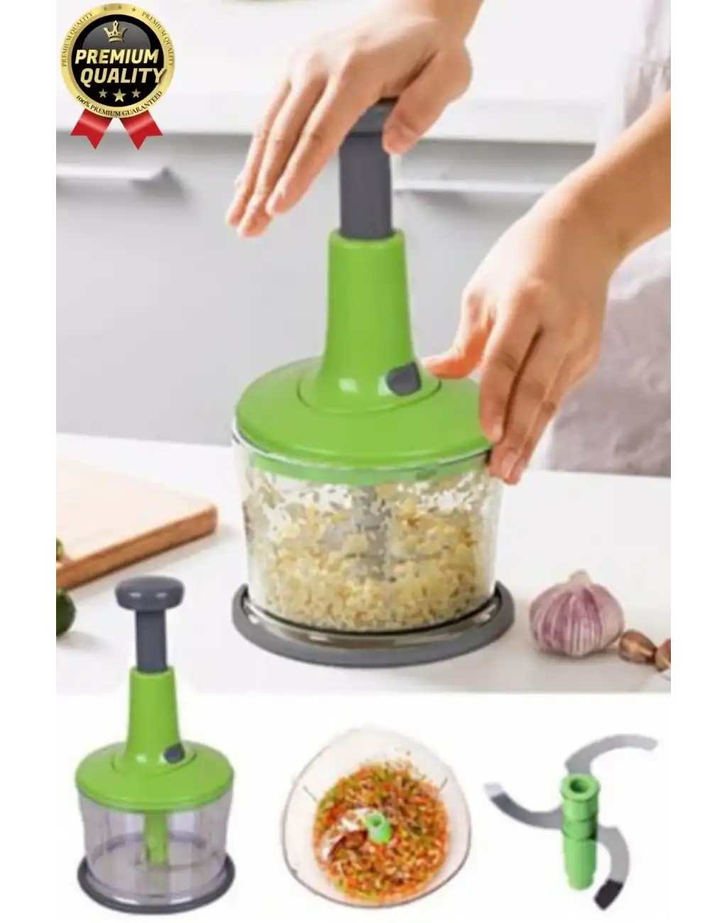 Premium Pratik Paslanmaz Çelik Sebze Meyve Soğan Doğrama Bıçaklı Üstten Basmalı El Rondosu Blender