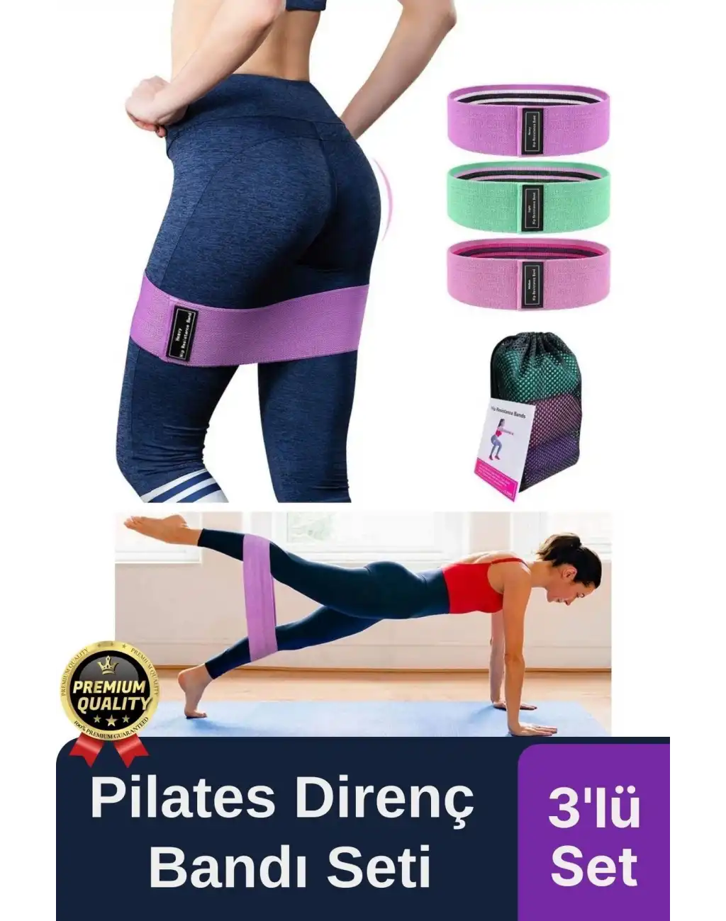 Dayanıklı Kaliteli Yumuşak Orta Sert Ebat 3lü Squat Pilates Fitness Spor Egzersiz Direnç Bandı Seti