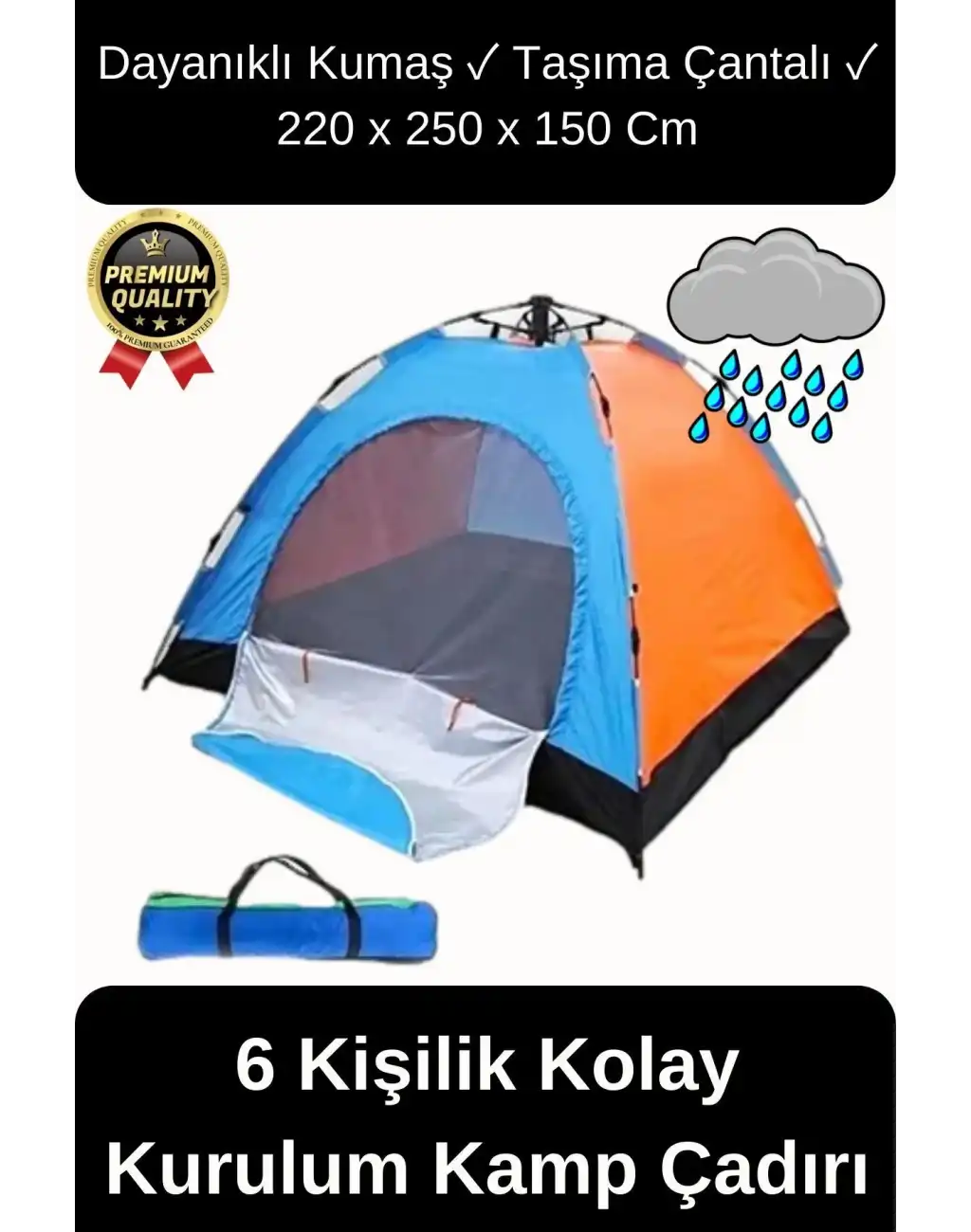 Ultra Dayanıklı Kolay Kurulum Taşıma Çantalı Su Geçirmez Sineklikli Tüllü 6 Kişilik Kamp Çadırı