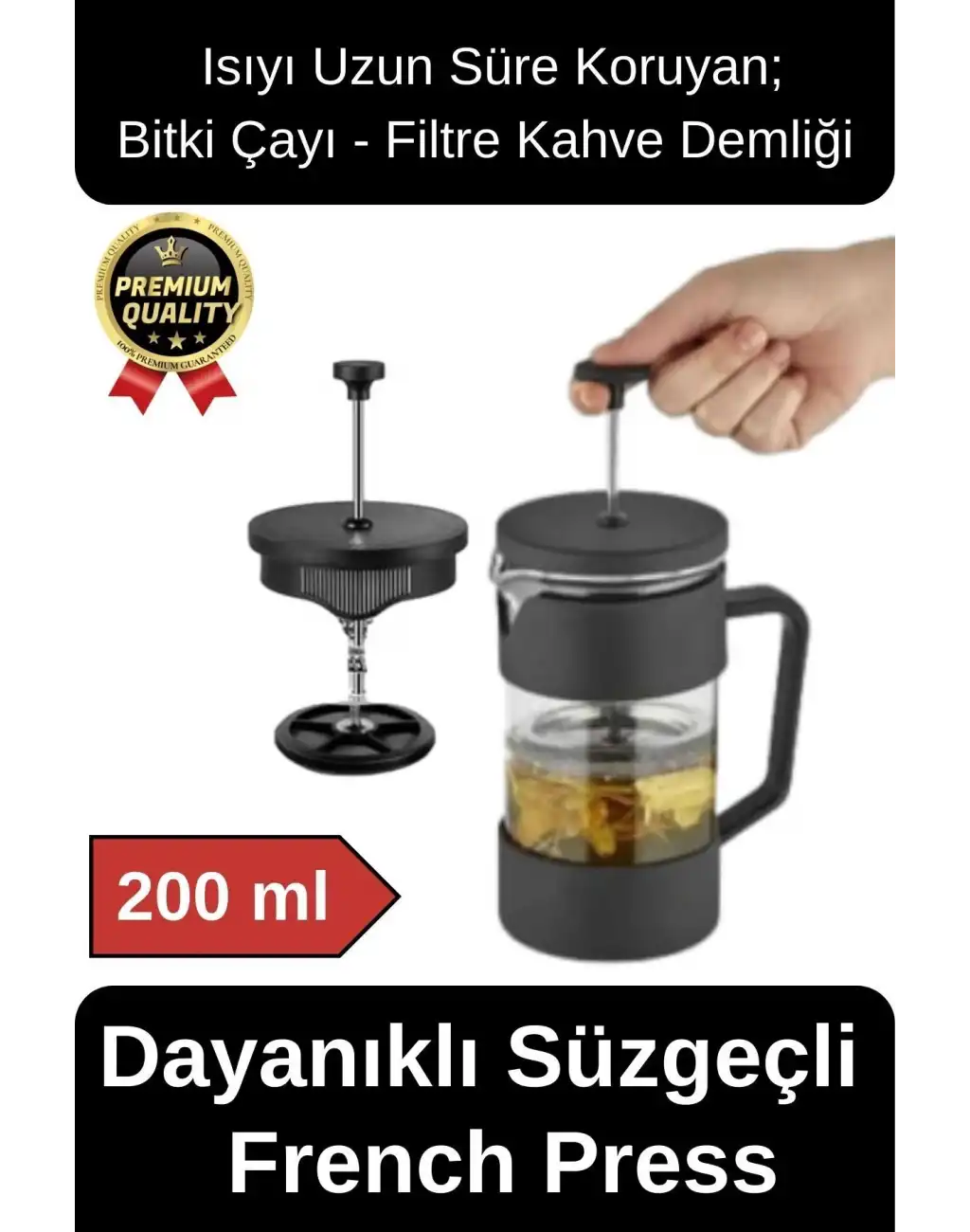 Premium Kalite Dayanıklı Isıyı Koruyan Filtre Kahve Bitki Çayı Demleme Siyah French Press 200 ml