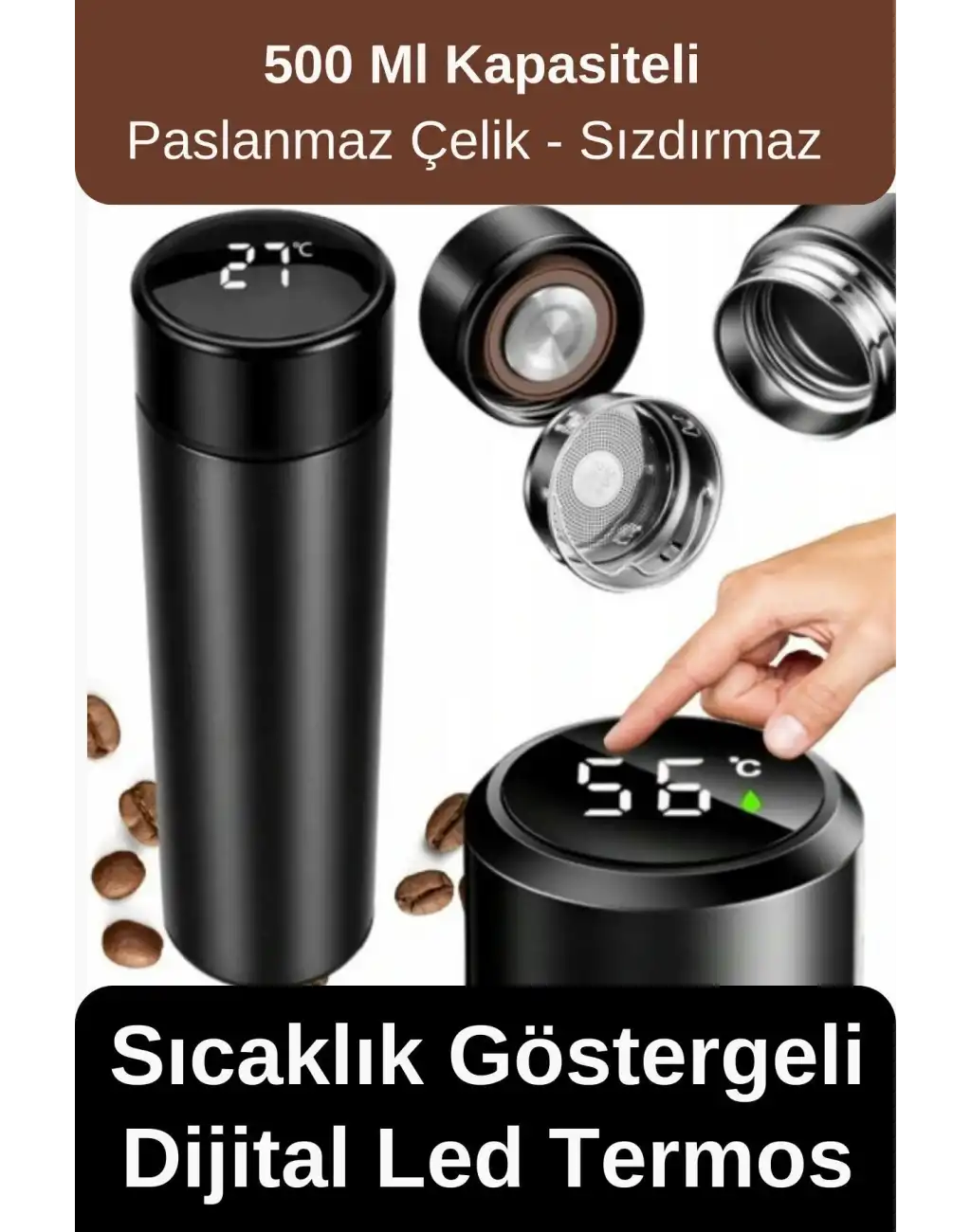 Premium Alite Gıda Sınıfı 201 Paslanmaz Çelik Sıcaklık Göstergeli Sızdırmaz Dijital Led Siyah Termos
