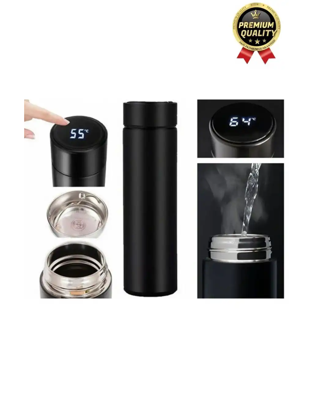 Premium Alite Gıda Sınıfı 201 Paslanmaz Çelik Sıcaklık Göstergeli Sızdırmaz Dijital Led Siyah Termos