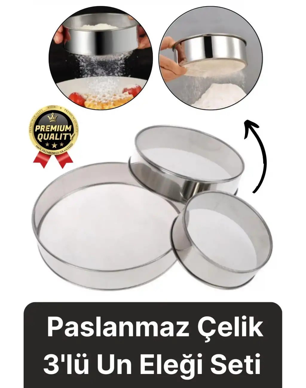 Premium Sağlam Paslanmaz Çelik Ultra İnce Örgü Filtre Mutfak Süzgeç 3lü Un Şeker Pirinç Eleği Seti