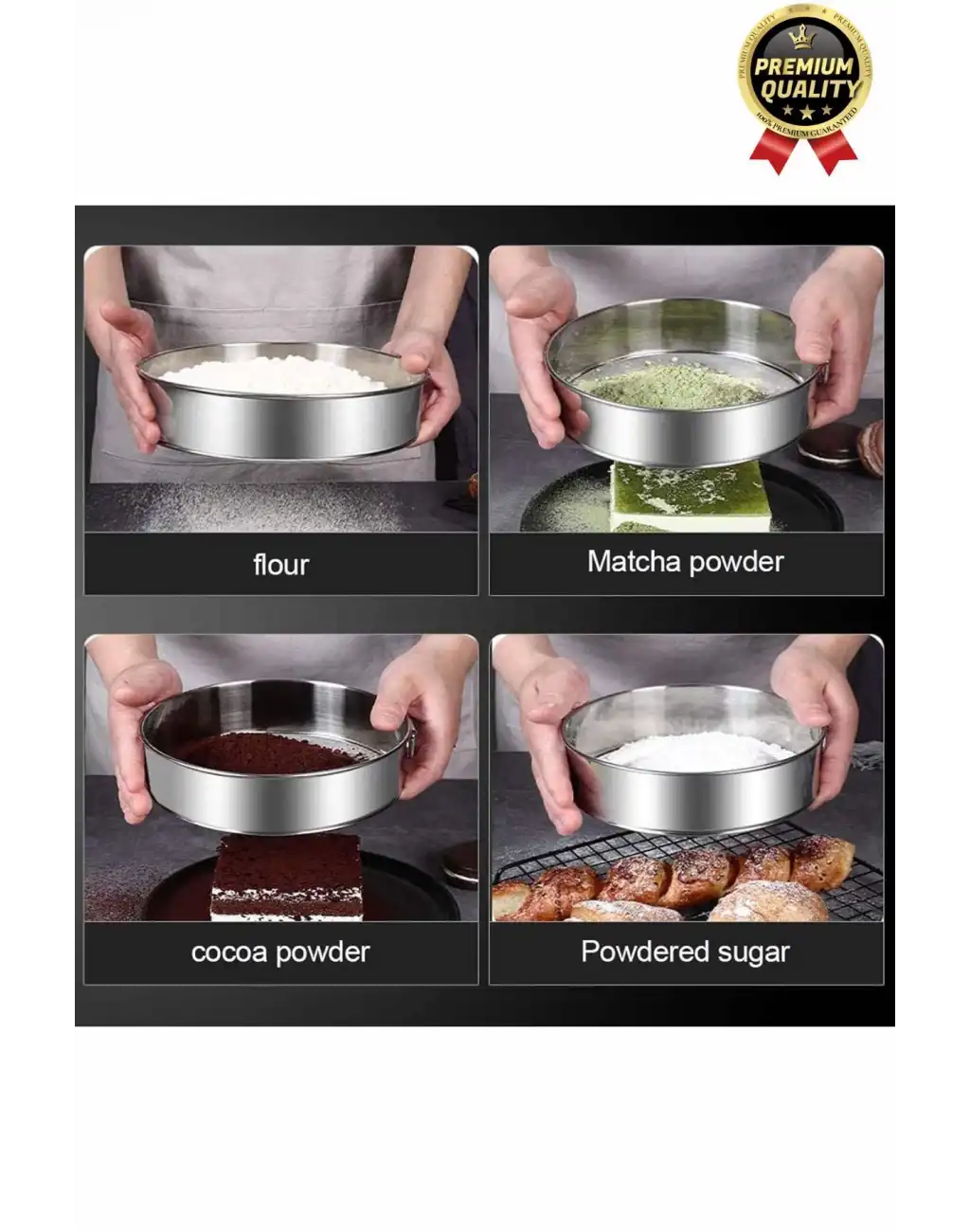 Premium Sağlam Paslanmaz Çelik Ultra İnce Örgü Filtre Mutfak Süzgeç 3lü Un Şeker Pirinç Eleği Seti