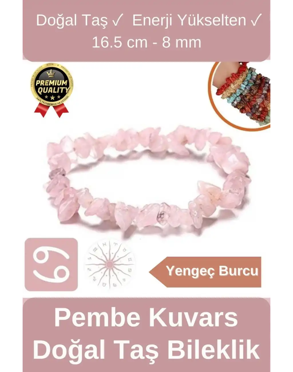 Özel Üretim Enerji Yükselten Esnek Ip Yengeç Burcu Gerçek Pembe Kuvars Doğal Taş Unisex Bileklik