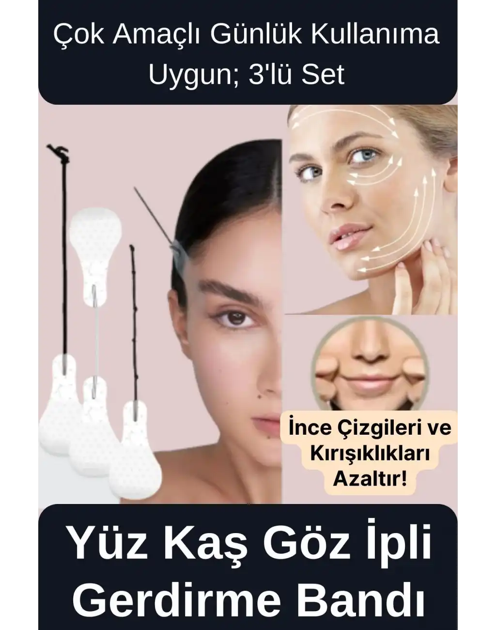 Çok Amaçlı Estetik Günlük Lastikli Yüz Kaş Göz Boyun Vücut Kaz Ayağı İpli Gerdirme Bantları 3lü Set