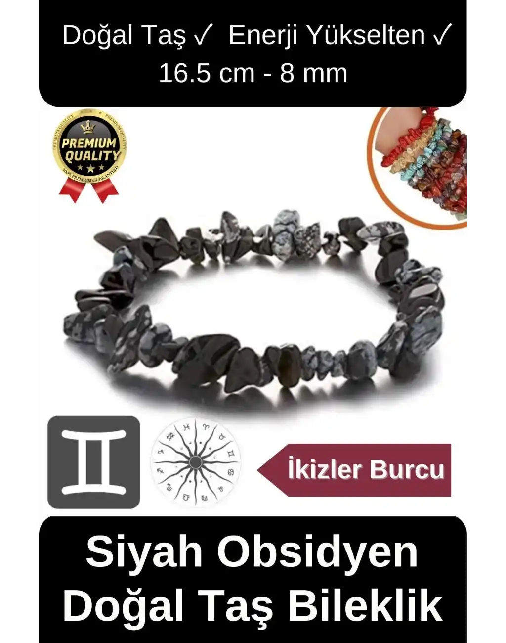 Özel Üretim Enerji Yükselten Esnek İp İkizler Burcu Gerçek Siyah Obsidyen Doğal Taş Unisex Bileklik