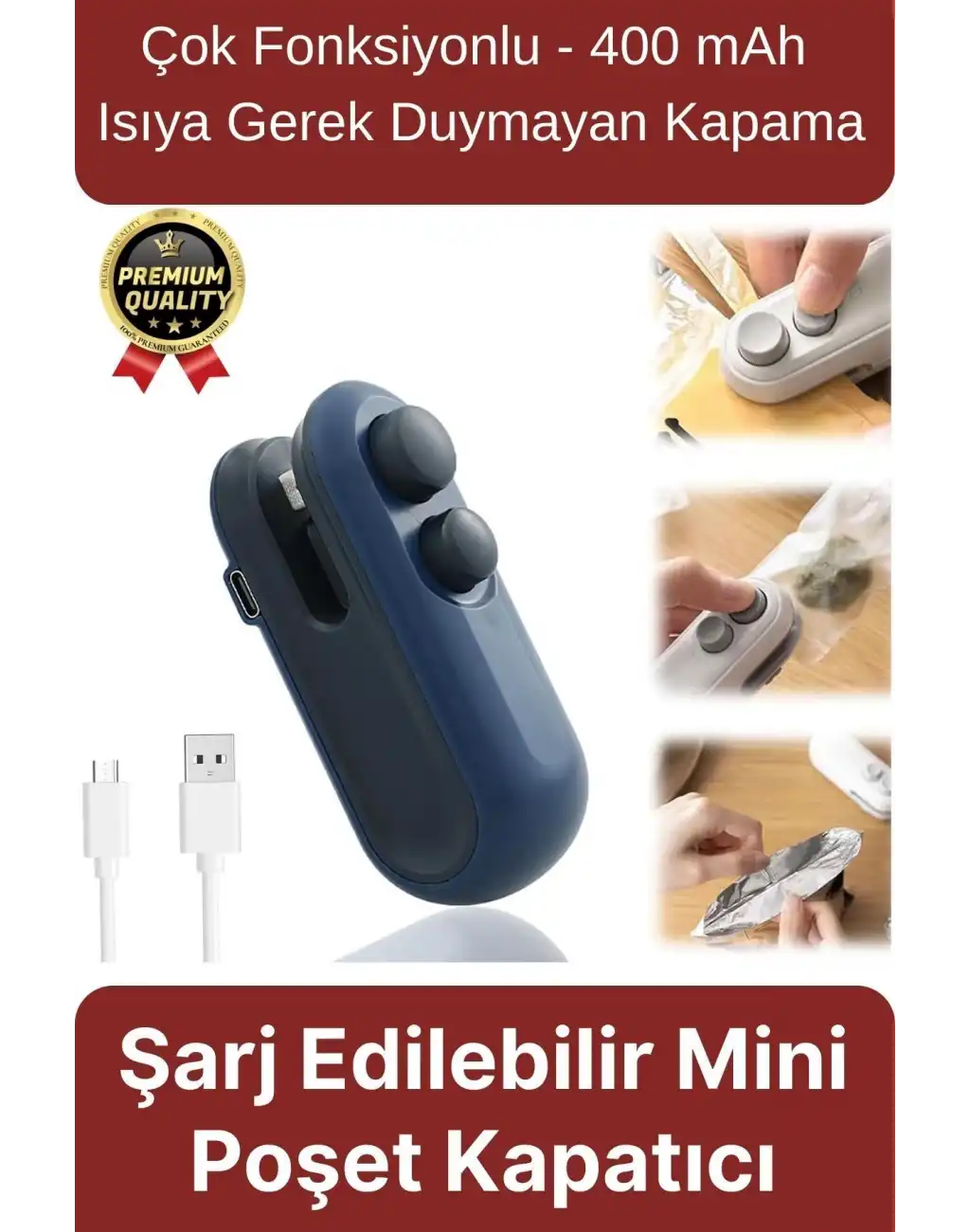 Çok Fonksiyonlu Isıya Gerek Duymayan 400mAh Şarj Edilir Mini Poşet Ambalaj Ağzı Kapatıcı Ve Kesici