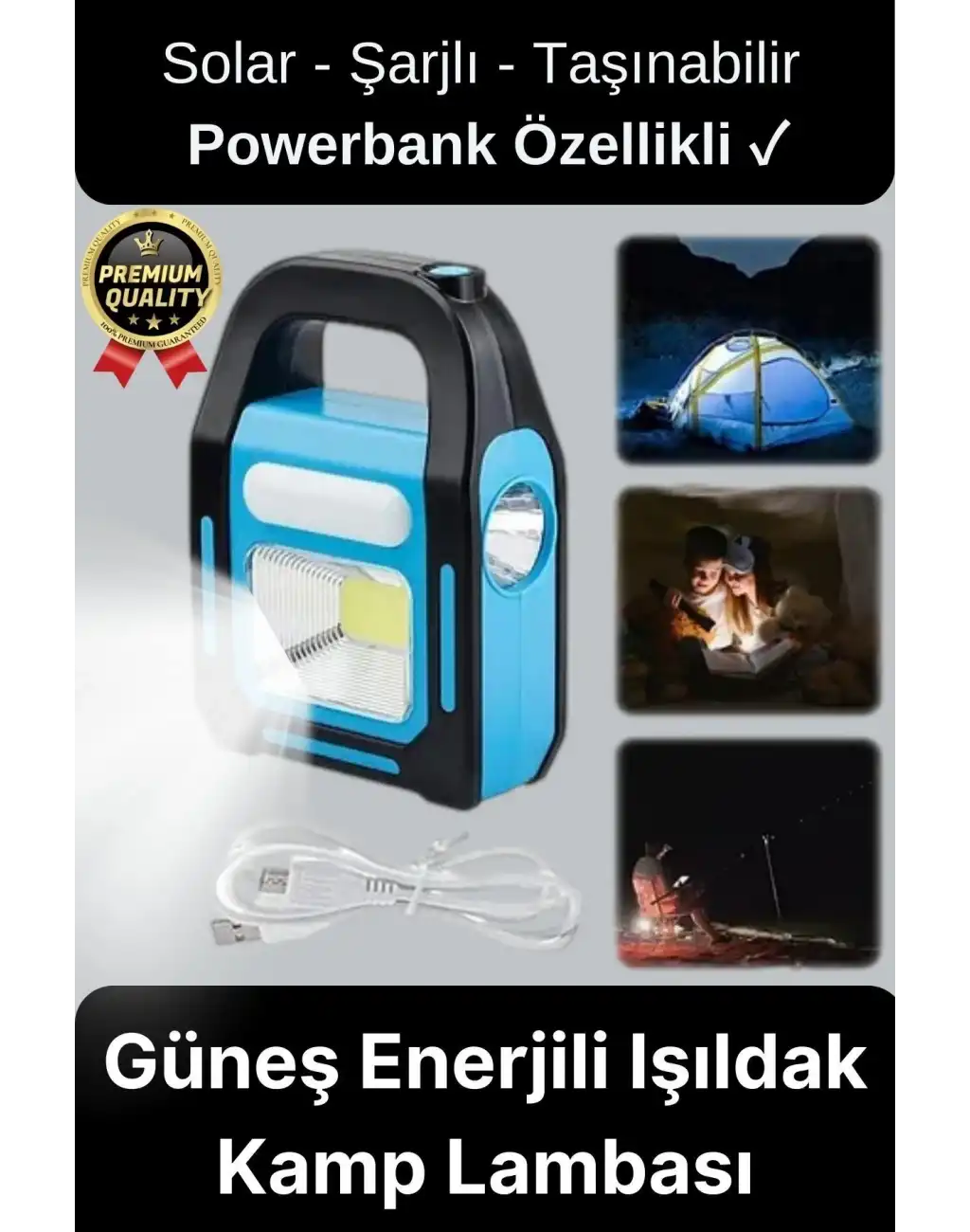 Çok Amaçlı Güneş Enerjili Powerbank USB Şarj Edilebilir Su Geçirmez Solar Işıldak Fener Kamp Lambası