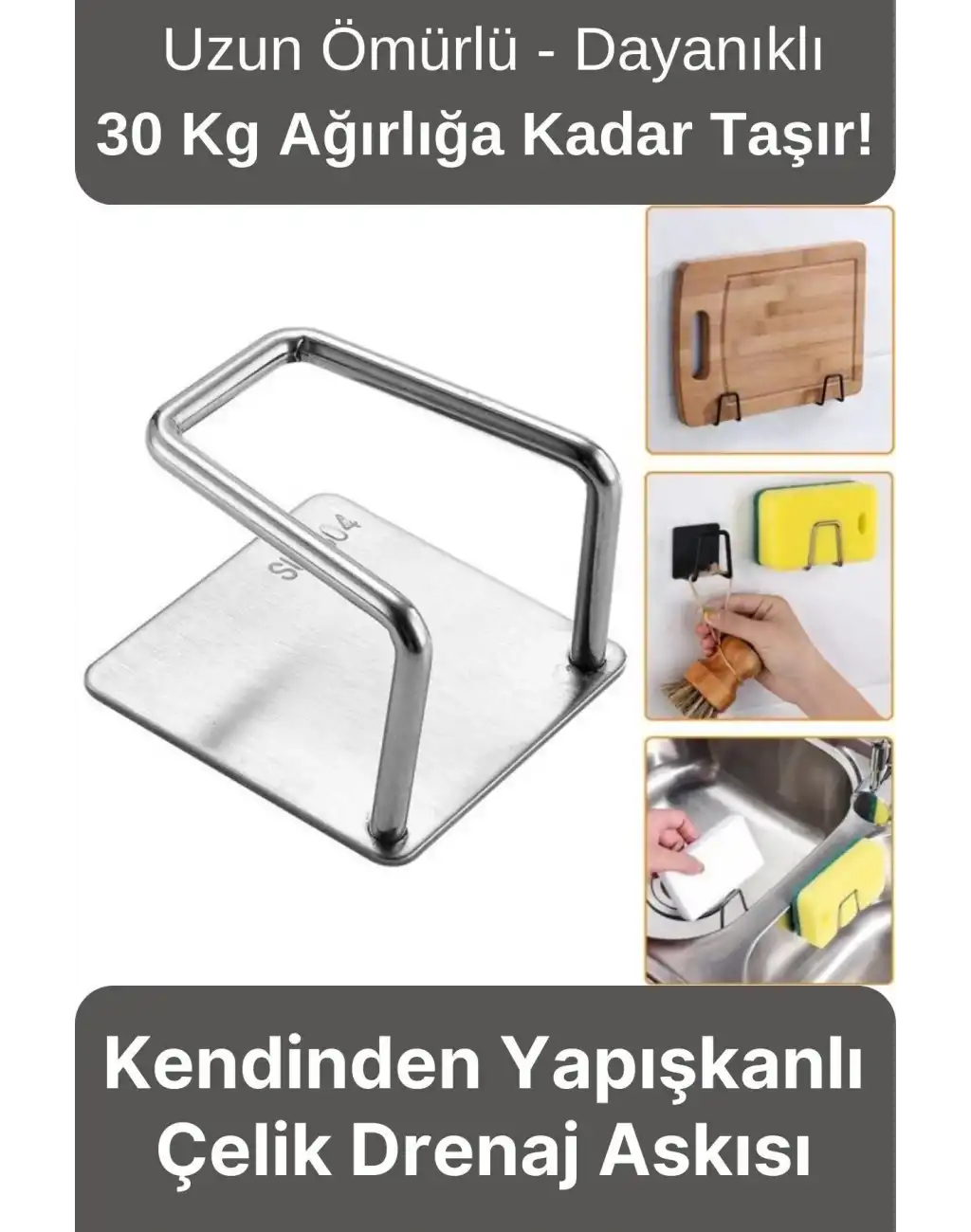 Paslanmaz Çelik Suya Dayanıklı Evye Düzenleyici Yapışkanlı Bulaşık Süngeri Tutucu Drenaj Askısı