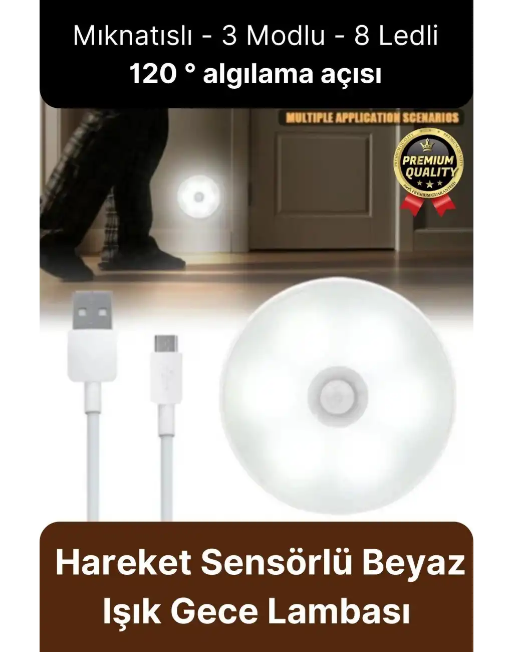 Premium Hareket Sensörlü Usb Şarj Edilebilir Mıknatıslı 3 Mod 8 Ledli Beyaz Işık Gece Lambası 1 Adet