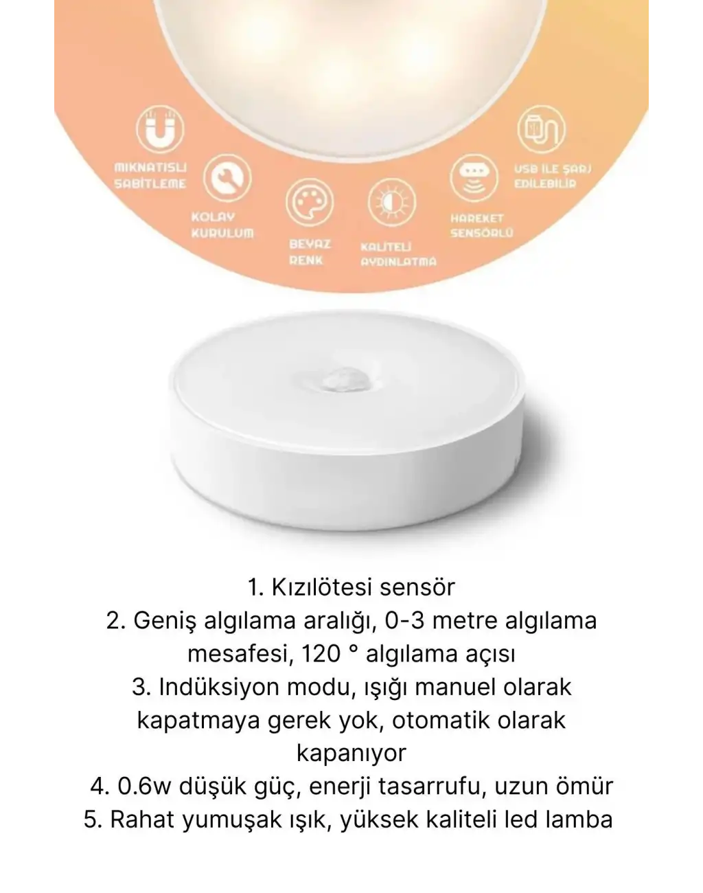 Premium Hareket Sensörlü Usb Şarj Edilebilir Mıknatıslı 3 Mod 8 Ledli Beyaz Işık Gece Lambası 1 Adet