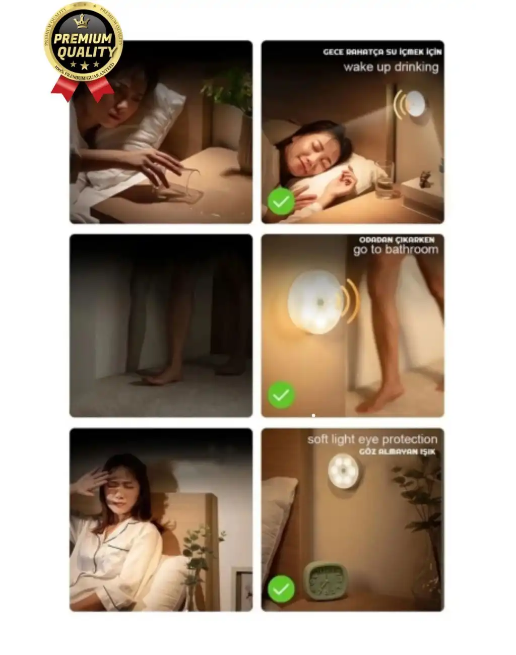 Premium Hareket Sensörlü Usb Şarj Edilebilir Mıknatıslı 3 Mod 8 Ledli Beyaz Işık Gece Lambası 1 Adet