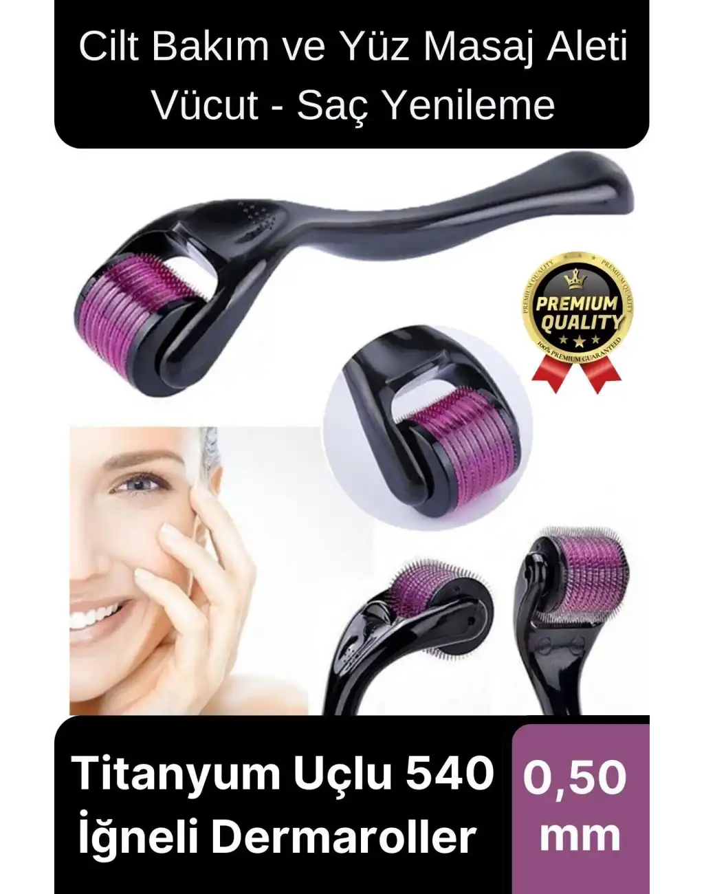 Premium Cilt Bakım ve Yüz Masaj Aleti Vücut Yenileme Titanyum Uçlu 540 İğneli Dermaroller 0,50 mm
