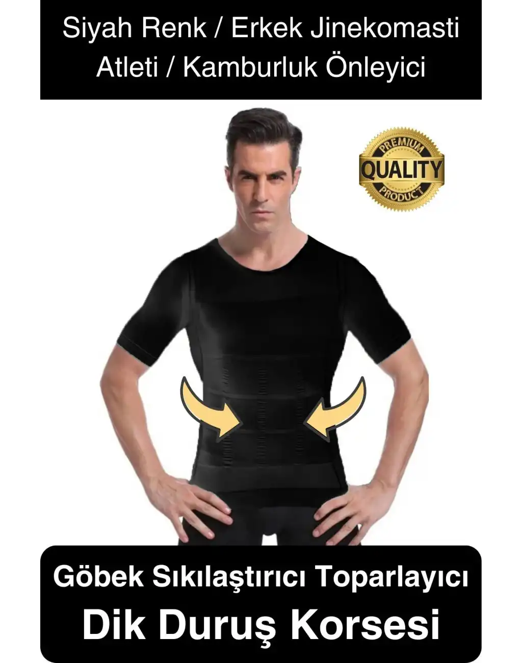 Siyah Renk Erkek Bel Göğüs Dik Duruş Korsesi Atlet Jinekomasti Göbek Sıkılaştırıcı Toparlayıcı