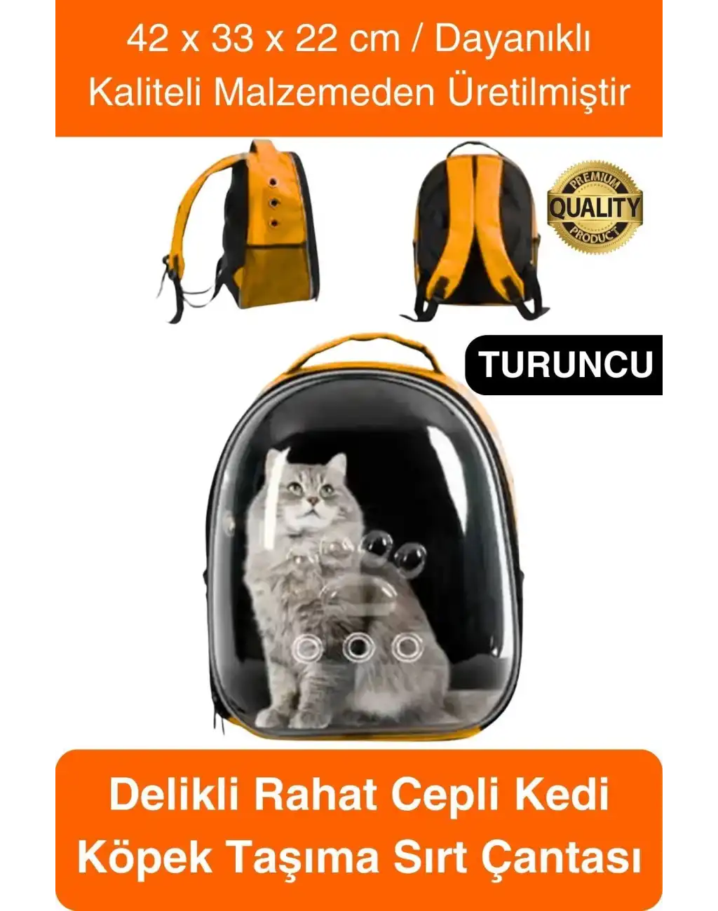 Premium Şeffaf Delikli Evcil Hayvan Kedi Köpek Taşıma Sırt Çantası Cepli Rahat Sağlam 42x33x22 cm