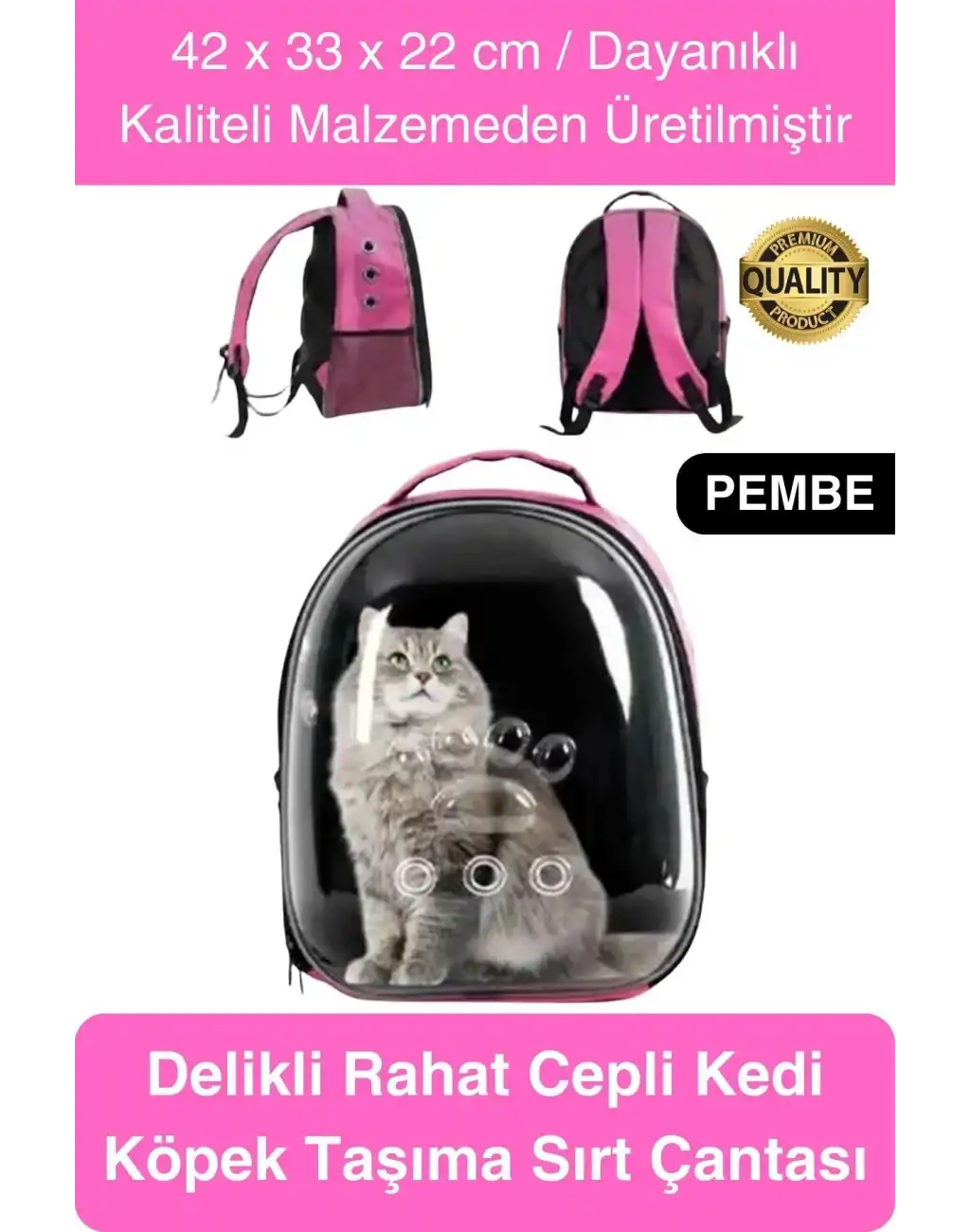 Premium Şeffaf Delikli Evcil Hayvan Kedi Köpek Taşıma Sırt Çantası Cepli Rahat Sağlam 42x33x22 cm