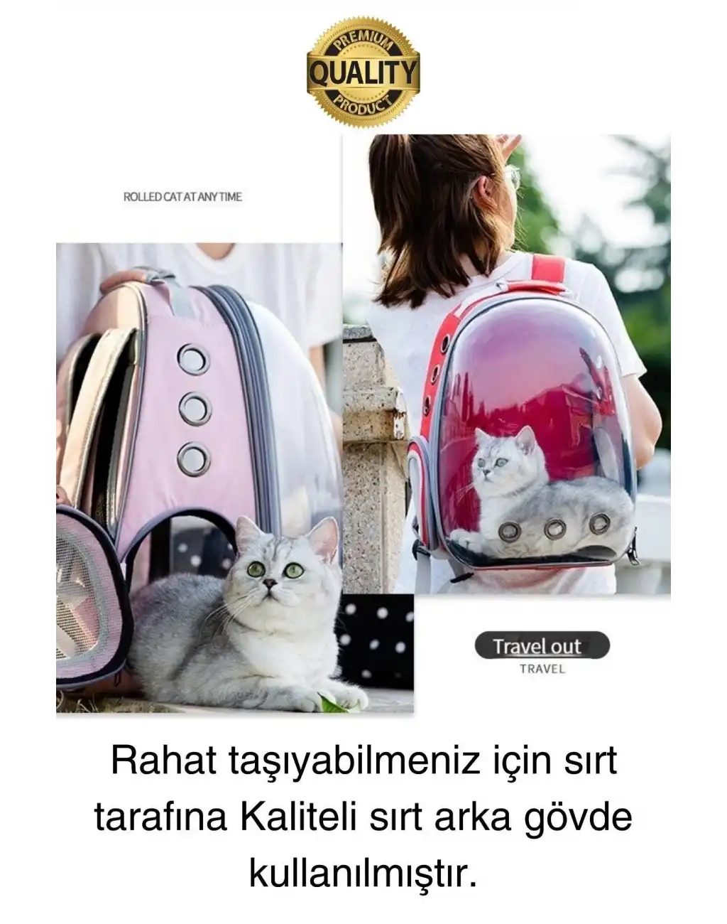 Premium Şeffaf Delikli Evcil Hayvan Kedi Köpek Taşıma Sırt Çantası Cepli Rahat Sağlam 42x33x22 cm