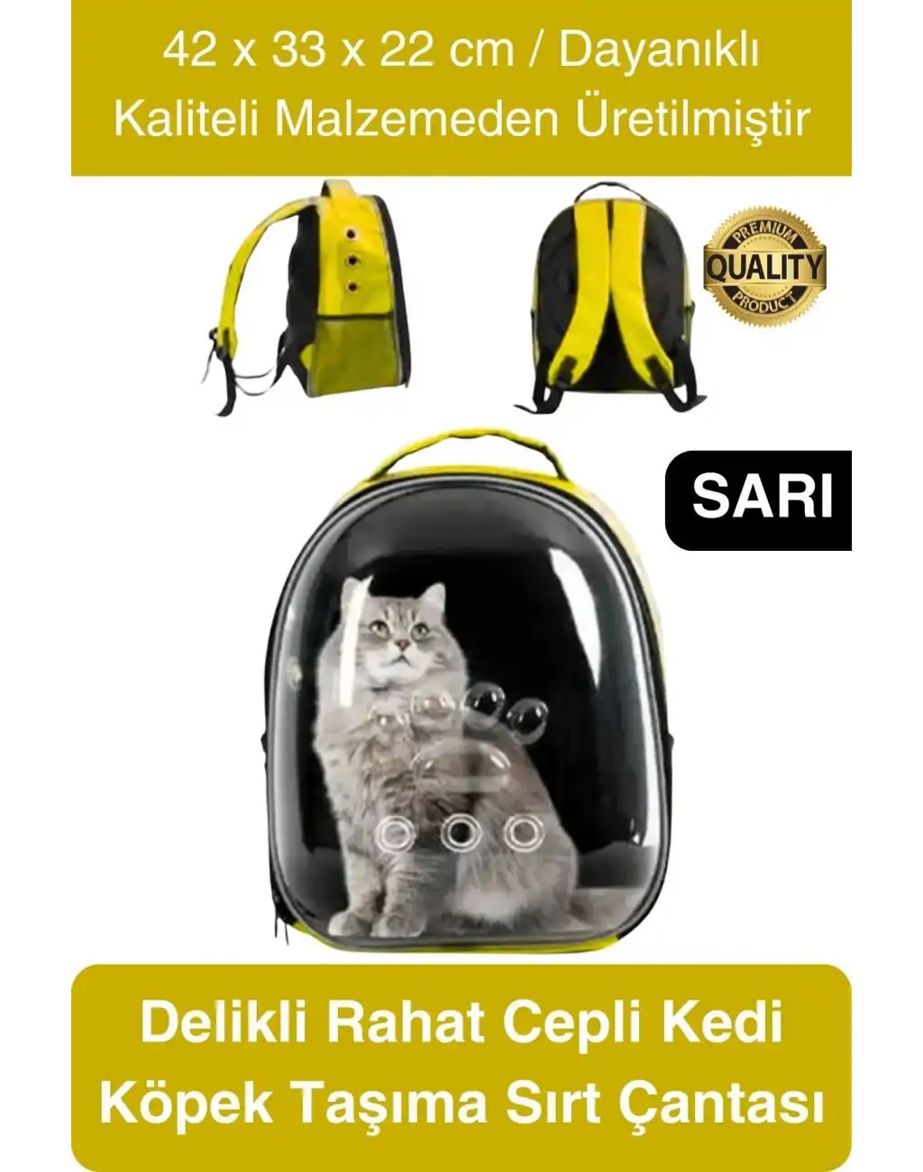 Premium Şeffaf Delikli Evcil Hayvan Kedi Köpek Taşıma Sırt Çantası Cepli Rahat Sağlam 42x33x22 cm