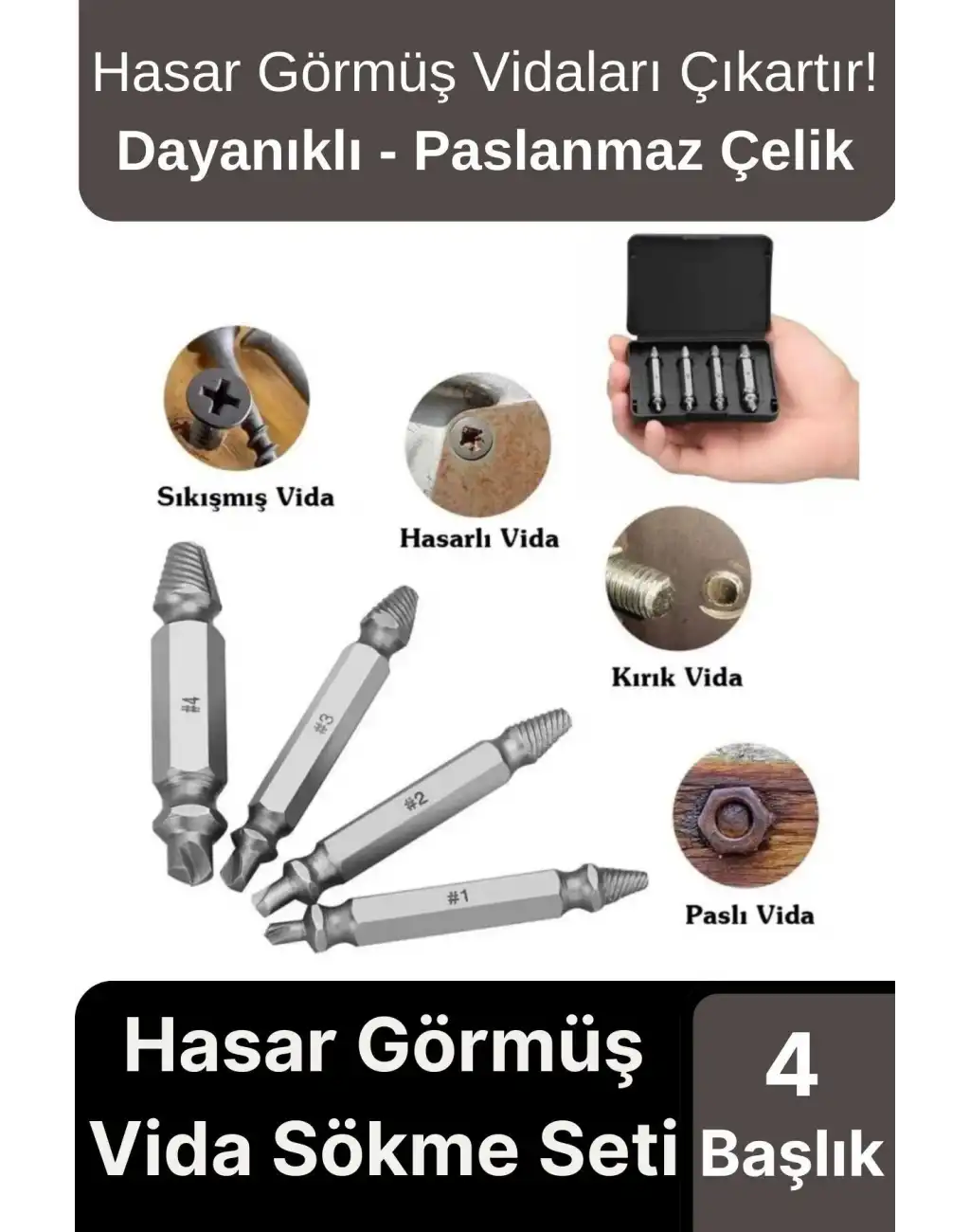 Premium Çok Amaçlı Paslanmaz Çelik Matkap Kırık Hasarlı Bozuk Vida Çıkarıcı Sökme Seti 4 Başlıklı