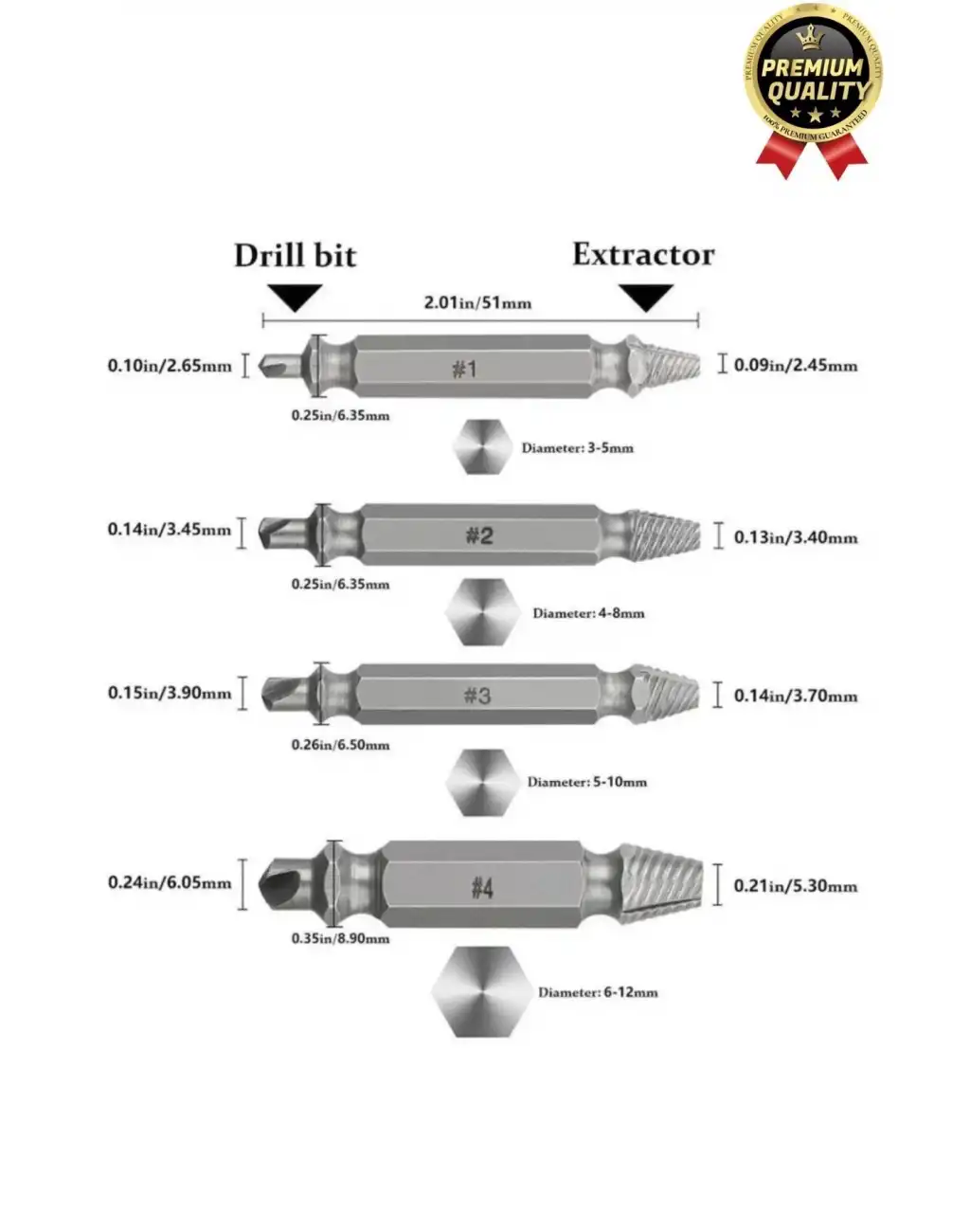 Premium Çok Amaçlı Paslanmaz Çelik Matkap Kırık Hasarlı Bozuk Vida Çıkarıcı Sökme Seti 4 Başlıklı