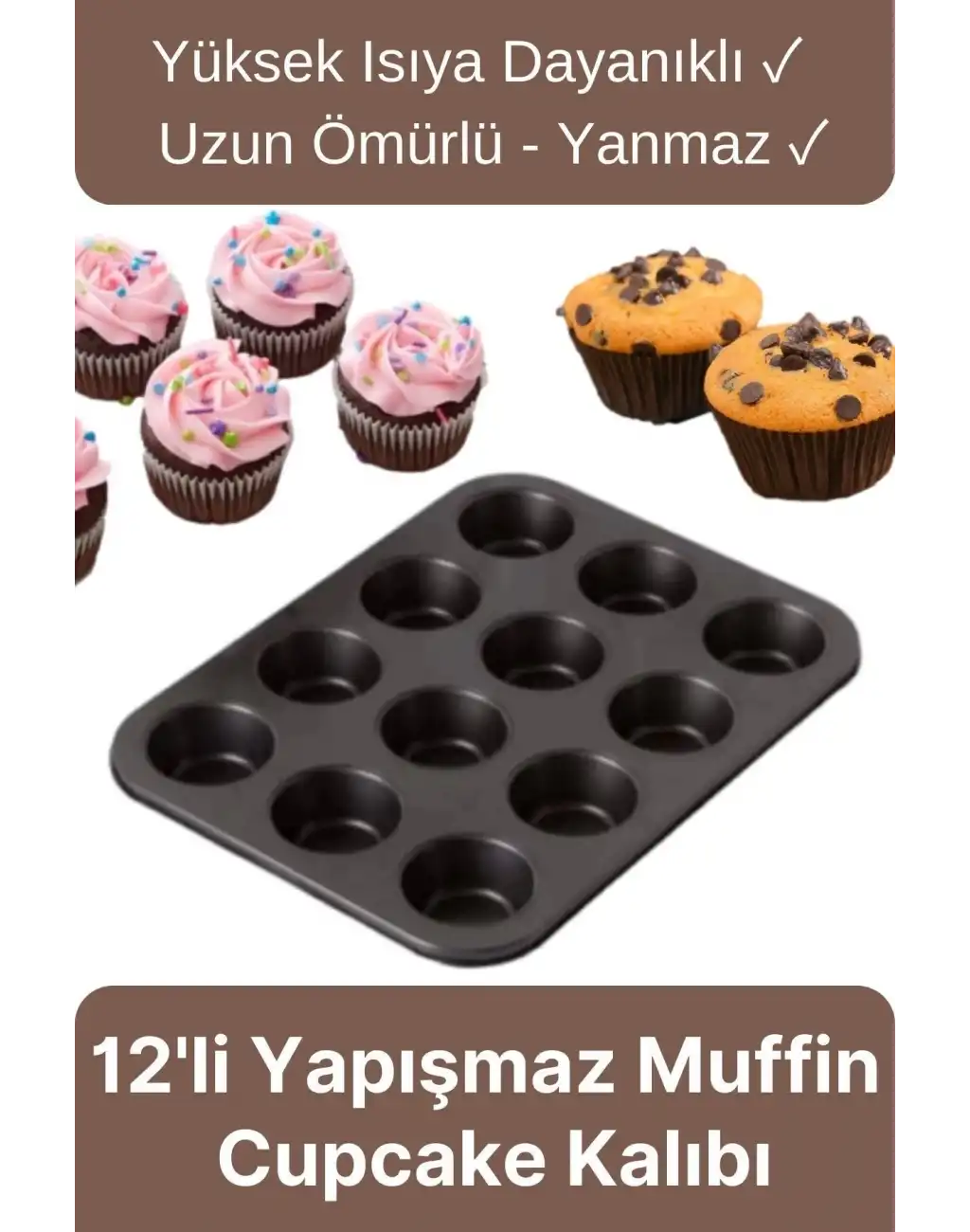 Çok Amaçlı Mutfak Yüksek Isıya Dayanıklı Yıkanabilir Yanmaz Yapışmaz 12li Kek Muffin Cupcake Kalıbı