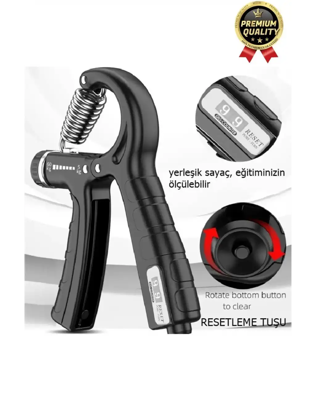 Premium Ayarlanabilir Taşınabilir Fitness Egzersiz Sayaçlı El Yayı 5-60 Kg Bilek Kası Güçlendirici