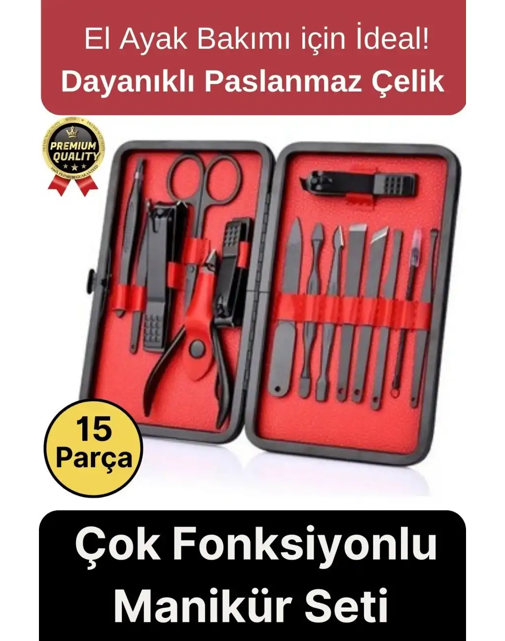 Profesyonel Lüks Paslanmaz Çok Fonksiyonlu El Ayak Tırnak Bakımı Deri Cüzdanlı Manikür Seti 15 Parça