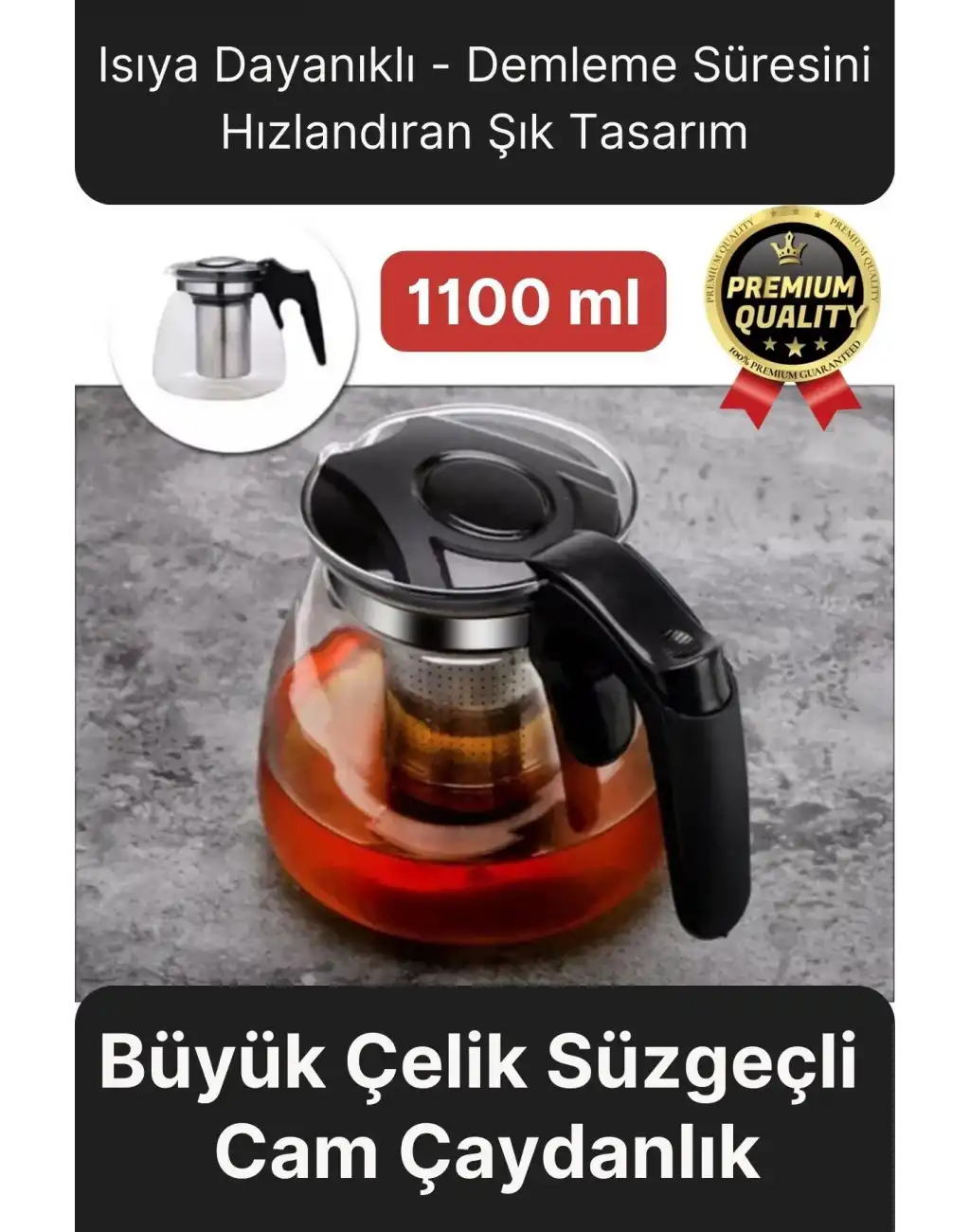 Özel Üretim Isıya Dayanıklı Bitki Çayı Şeffaf Büyük Çelik Süzgeçli Cam Çaydanlık Demlik 1.1 Litre