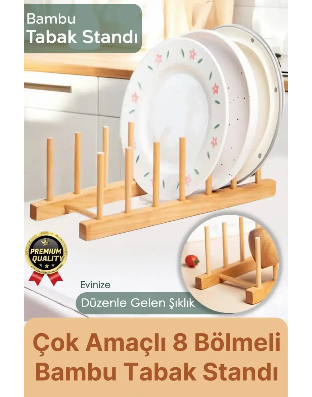 Çok Amaçlı Düzenleyici Bulaşıklık Plak Tabak Kitap Mutfak Organizer 8 Bölmeli Bambu Tabak Standı