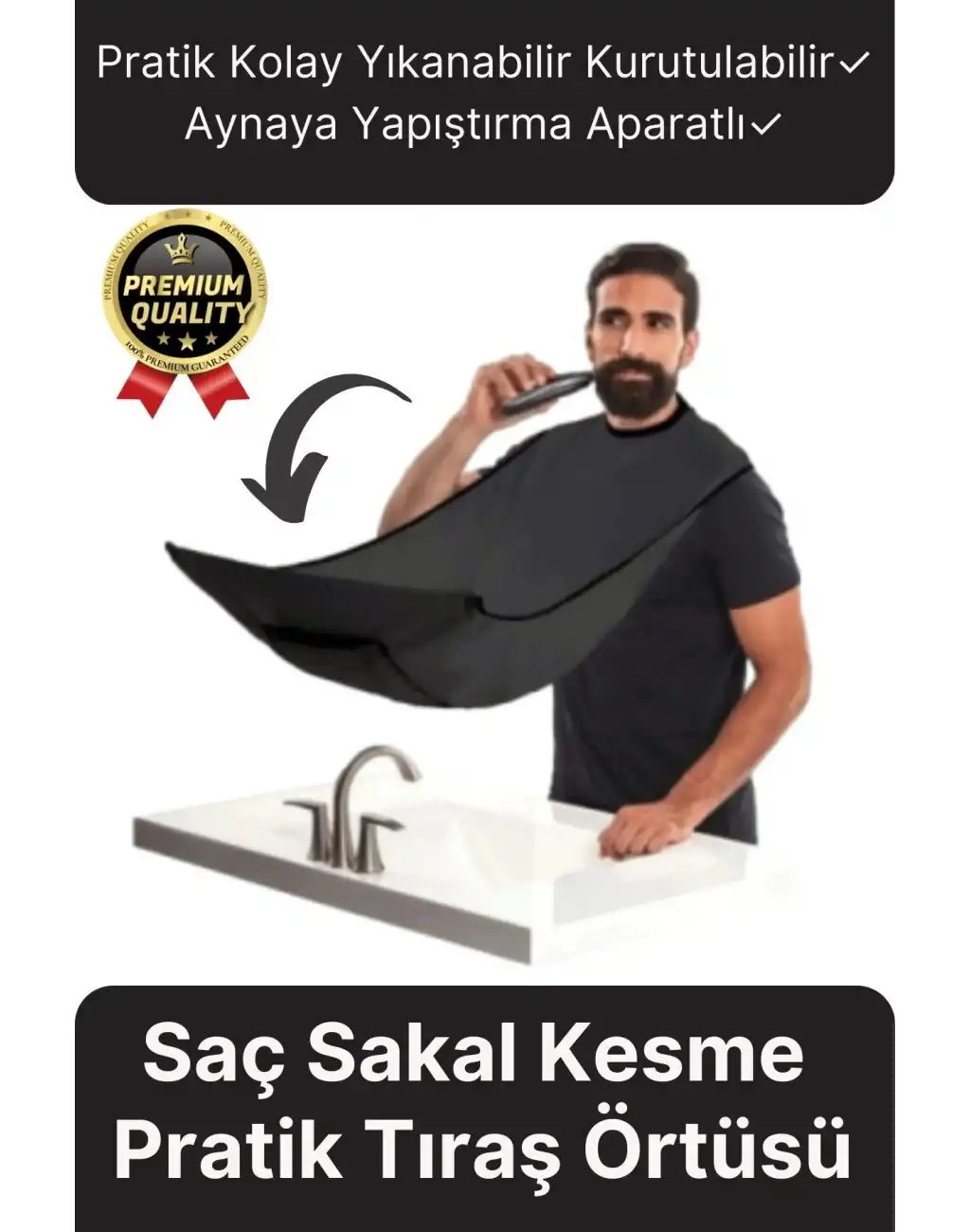 Pratik Hijyenik Vakumlu Aynaya Yapıştırma Aparatlı Siyah Kesme Örtüsü Evde Saç Sakal Tıraş Önlüğü