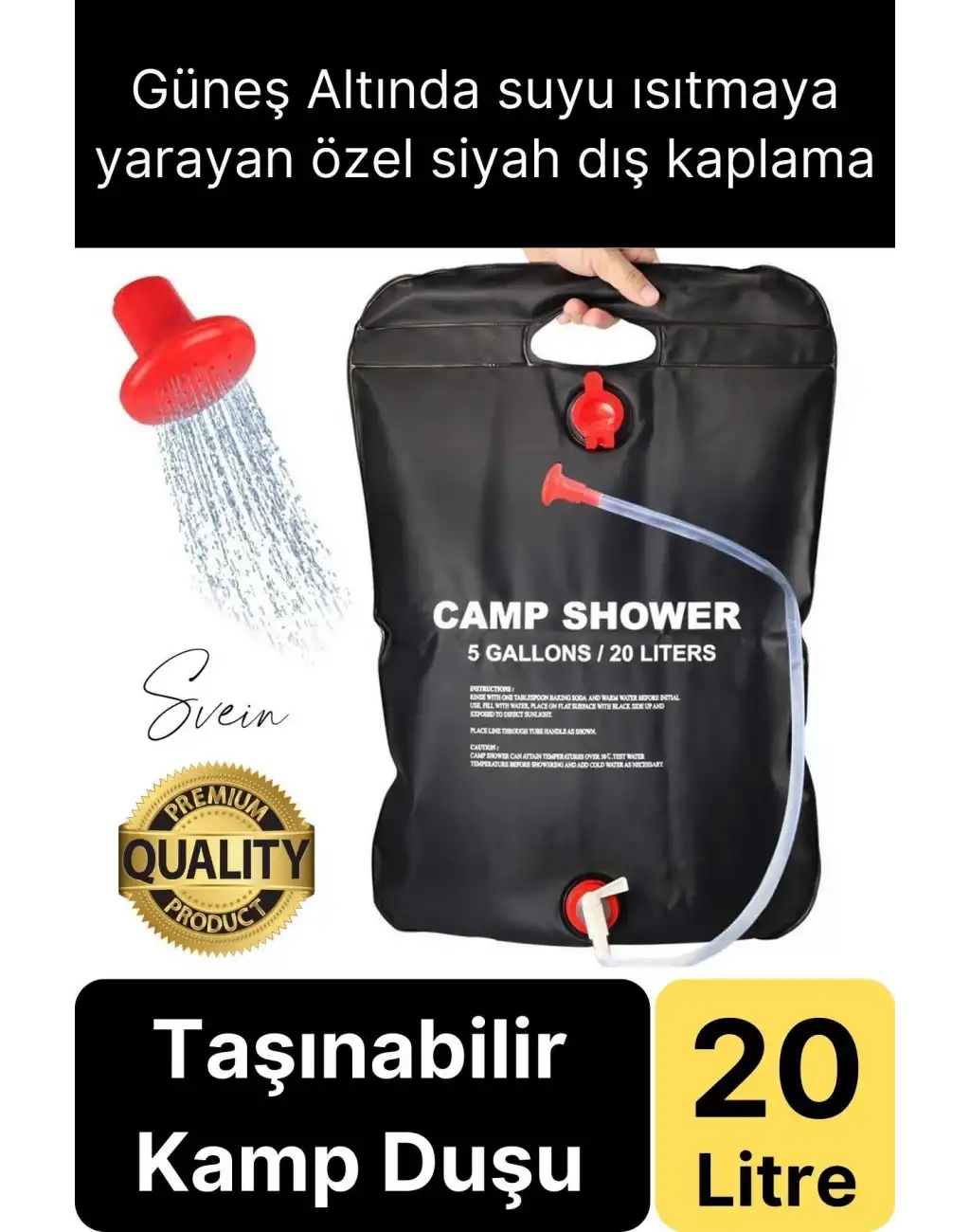 Premium Güneşte Isınabilen Taşınabilir Katlanabilen 20 Lt Kamp Duşu Seti Yıkanma Banyo Hortum Başlık