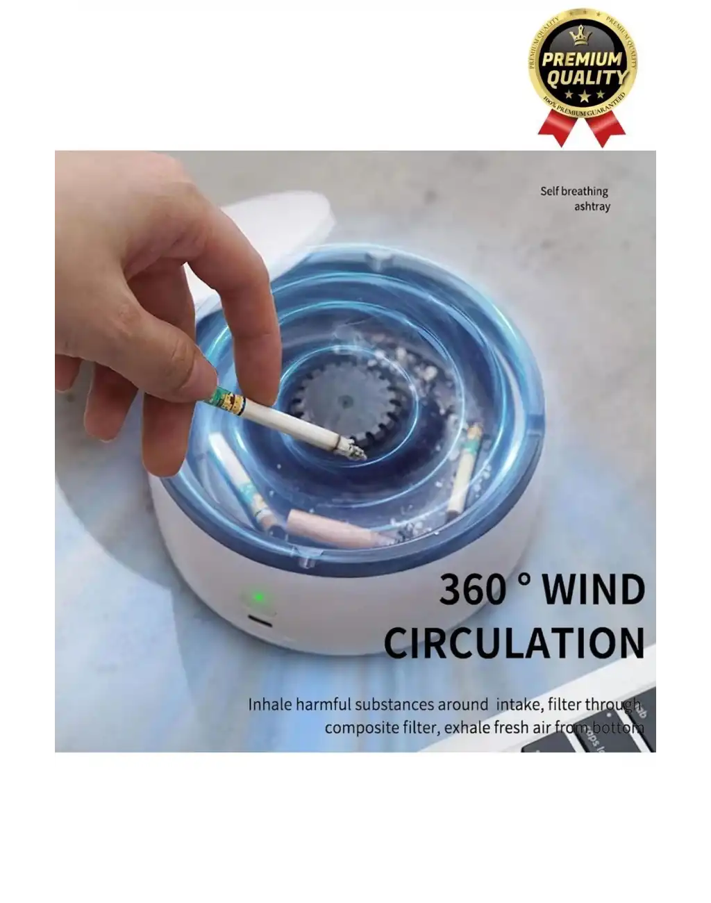 Premium Pratik Dekoratif Pilli Yıkanır Kötü Koku Engelleyen Dumanı İçine Çeken Akıllı Kül Tablası