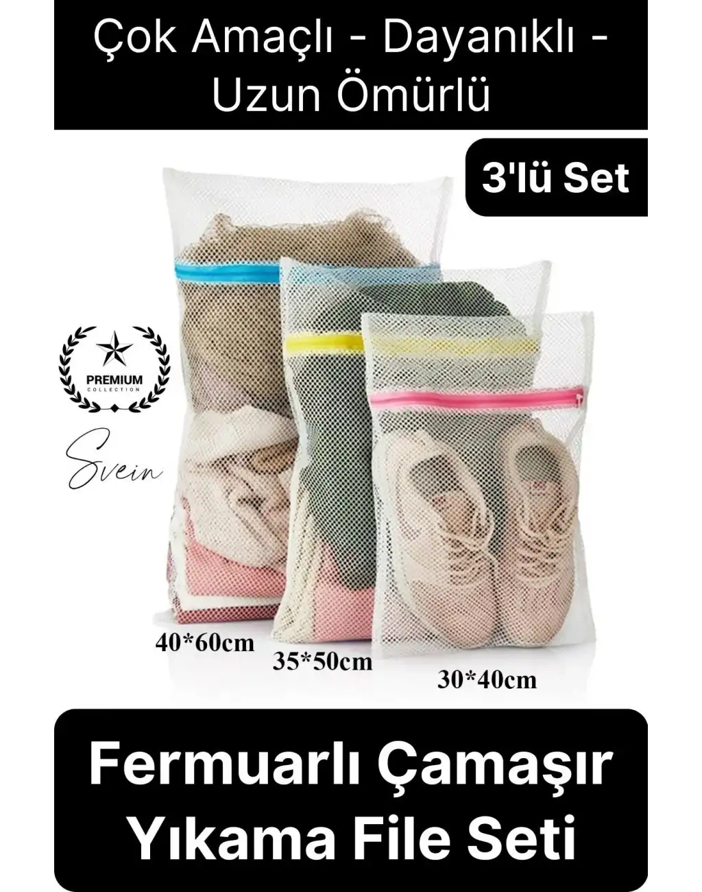 3 Adet Farklı Boy Çamaşır Yıkama Filesi Torba Seti Renkli Fermuarlı Kirli Temiz Sütyen İç Çamaşırı