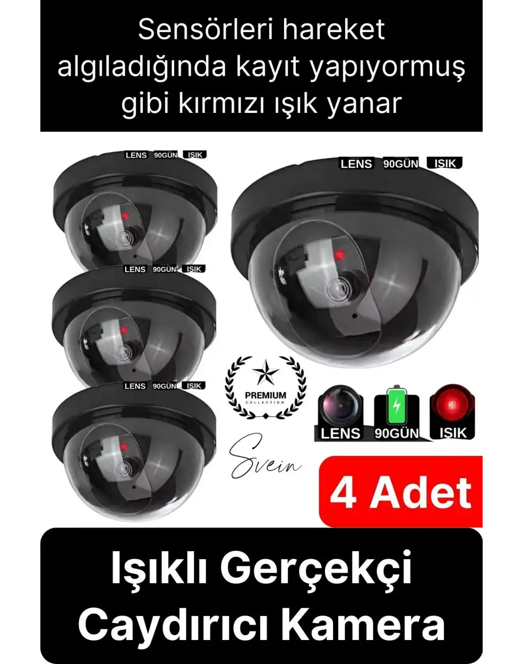 4 Ad. Caydırıcı Dome Güvenlik Kamerası Led Işıklı Hırsız Sensörlü Apartman Yazlık Maket Ev