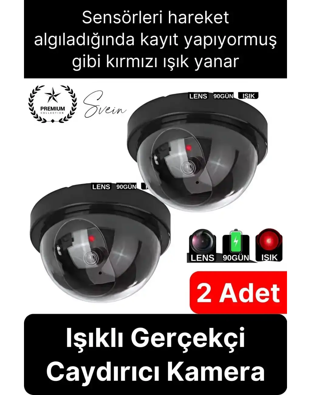 2 Ad. Caydırıcı Dome Güvenlik Kamerası Led Işıklı Hırsız Sensörlü Apartman Yazlık Maket Ev