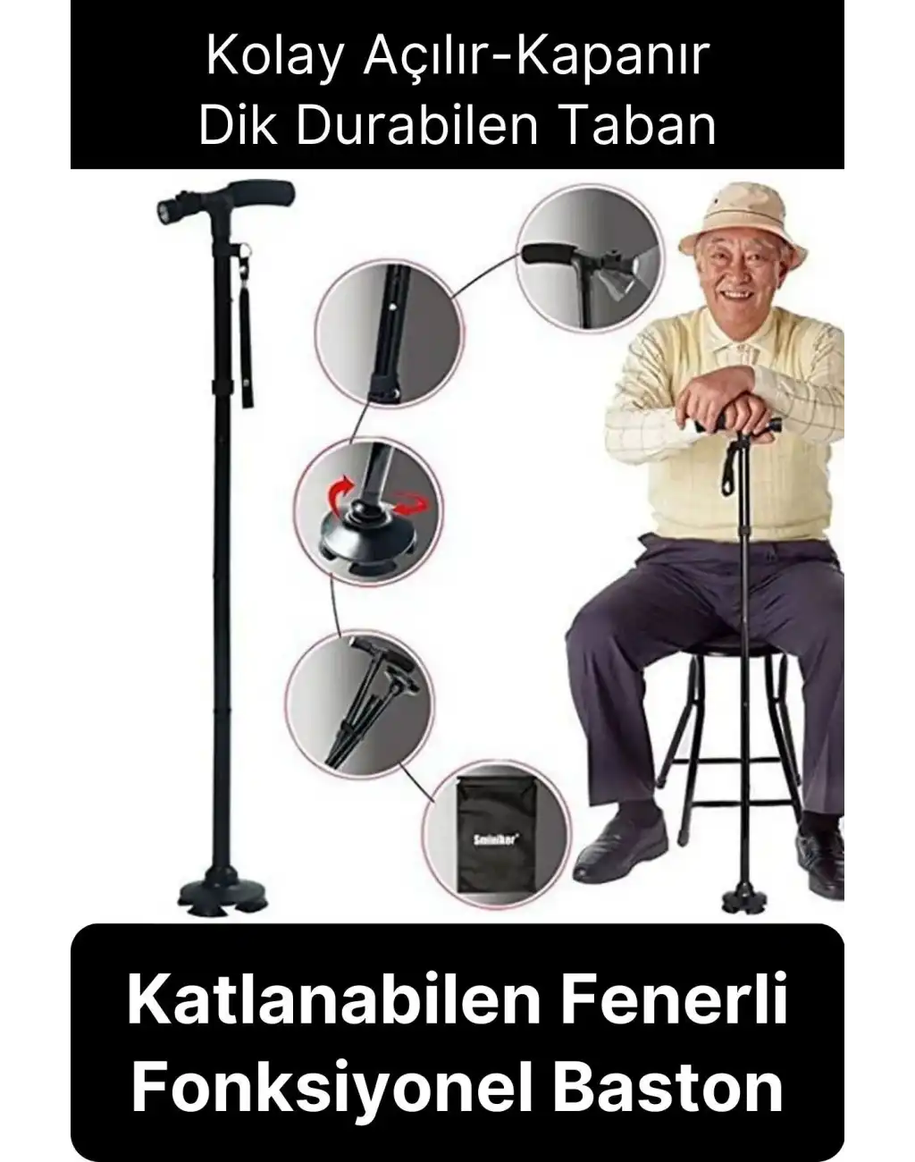 Premium Kalite Katlanabilir Led Işıklı Baston Yürüyüş Fenerli Ayaklı Kolay Açılıp Kapanan Kaymaz