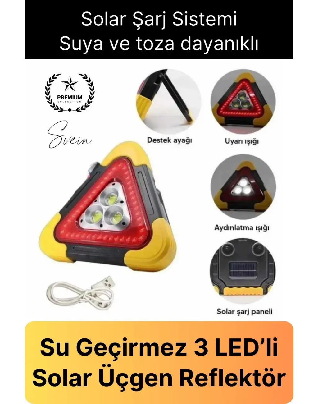 Led Işıklı Üçgen Reflektör Projektör Acil Durum Feneri Flaşör Trafik Şarjlı Solar İkaz Lambası