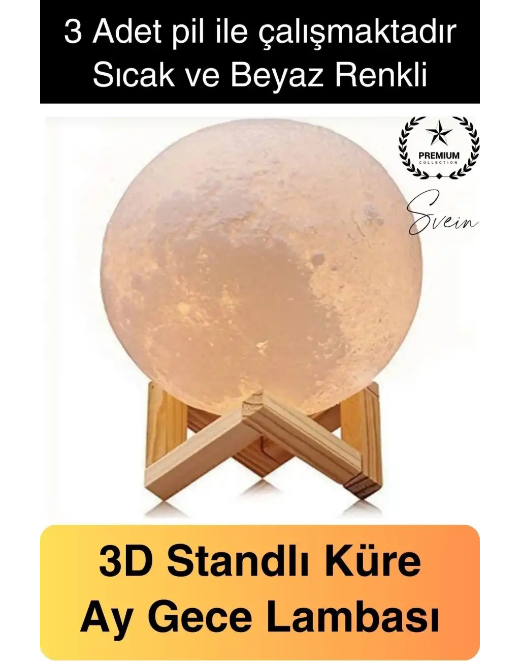 Dolunay 3D Ay Işıklı Standlı Pilli Dekoratif Gece Lambası Hediyelik Küre Led 15 Cm Loş Dekor